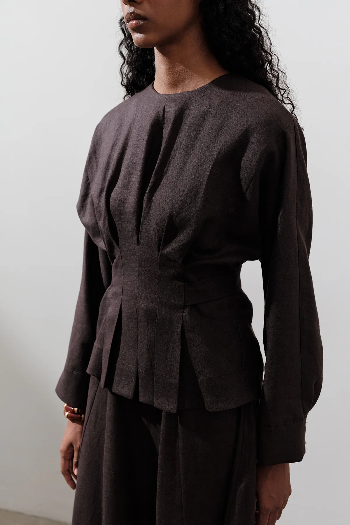 Crossover Tie Linen Blouse Dark Brown - Image 5