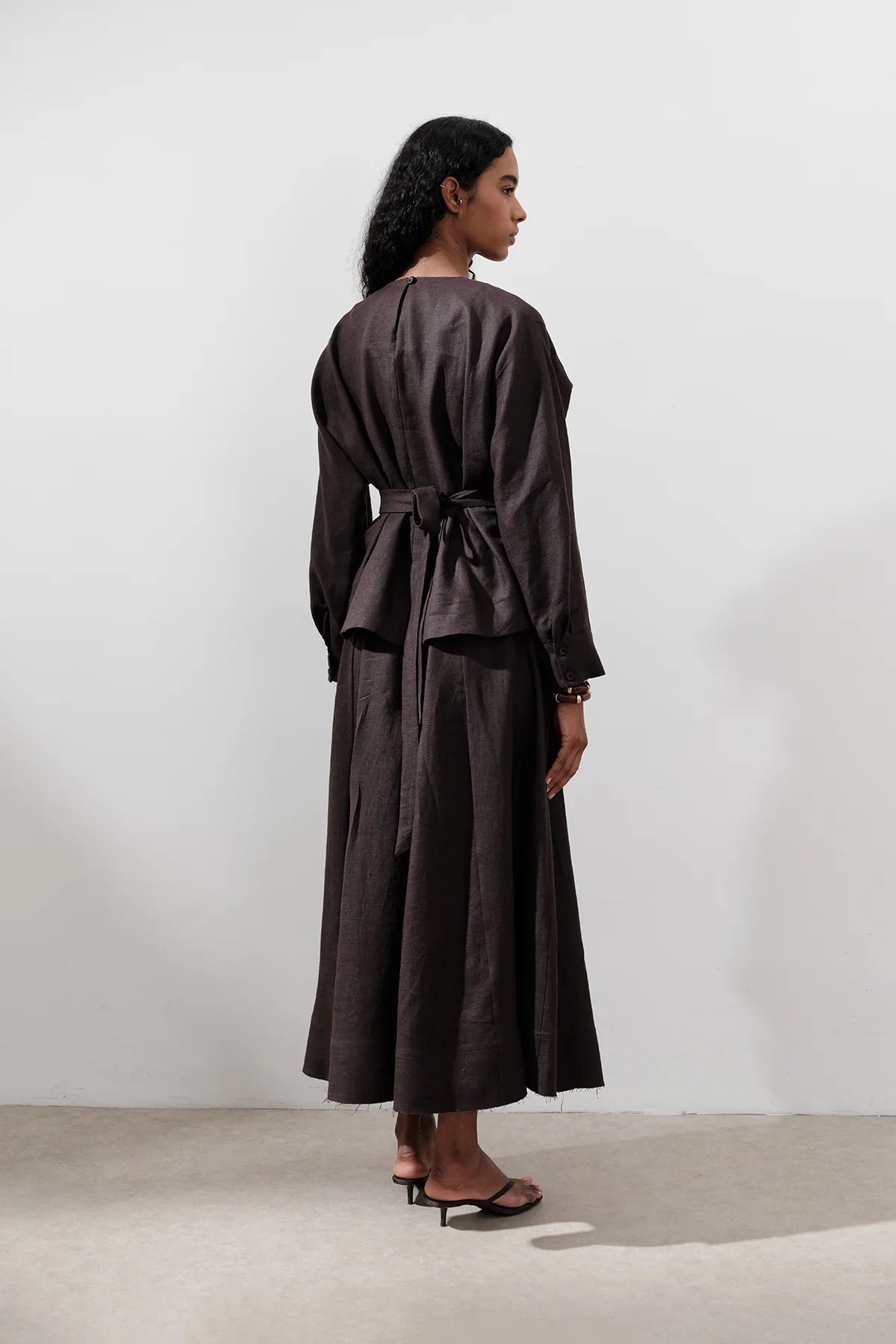 Crossover Tie Linen Blouse Dark Brown - Image 6