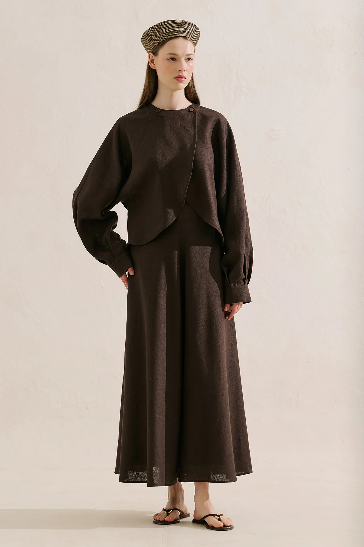 Linen Cape Style Shirt Dark Brown - Image 2