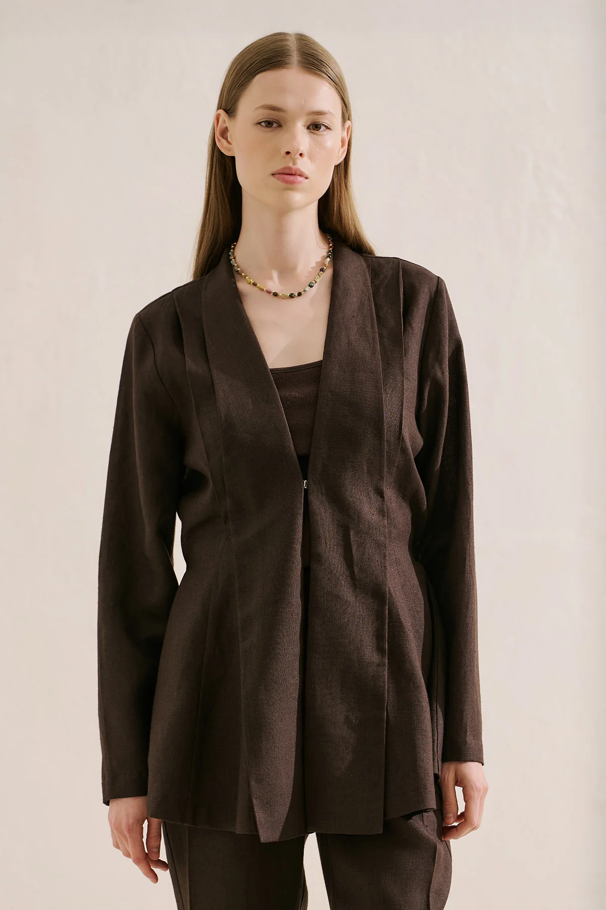 Pleated Linen Kimono Jacket Dark Brown - Image 5
