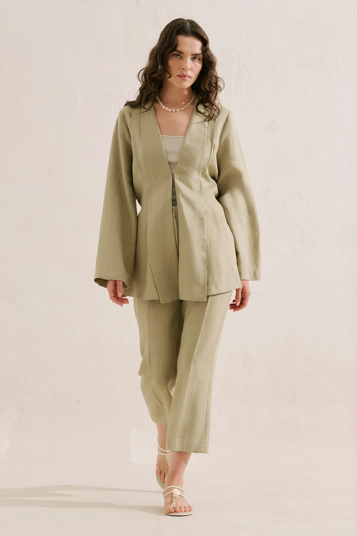 Pleated Linen Kimono Jacket Stone - Image 3