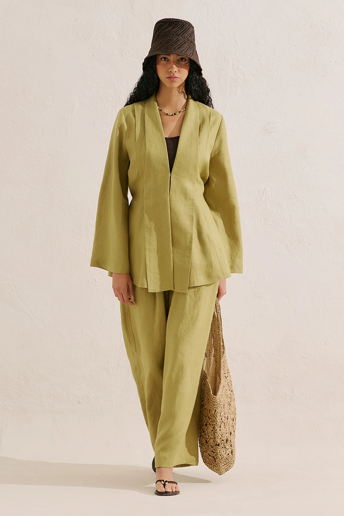 Pleated Linen Kimono Jacket Olive Green - Image 2