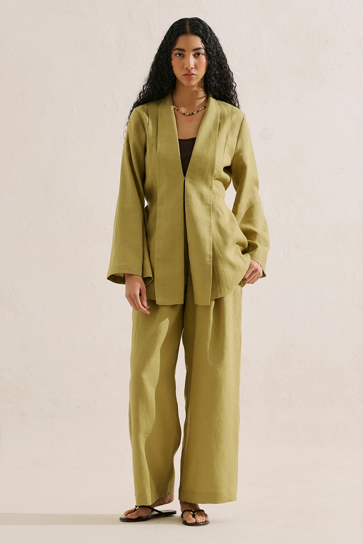 Pleated Linen Kimono Jacket Olive Green - Image 4