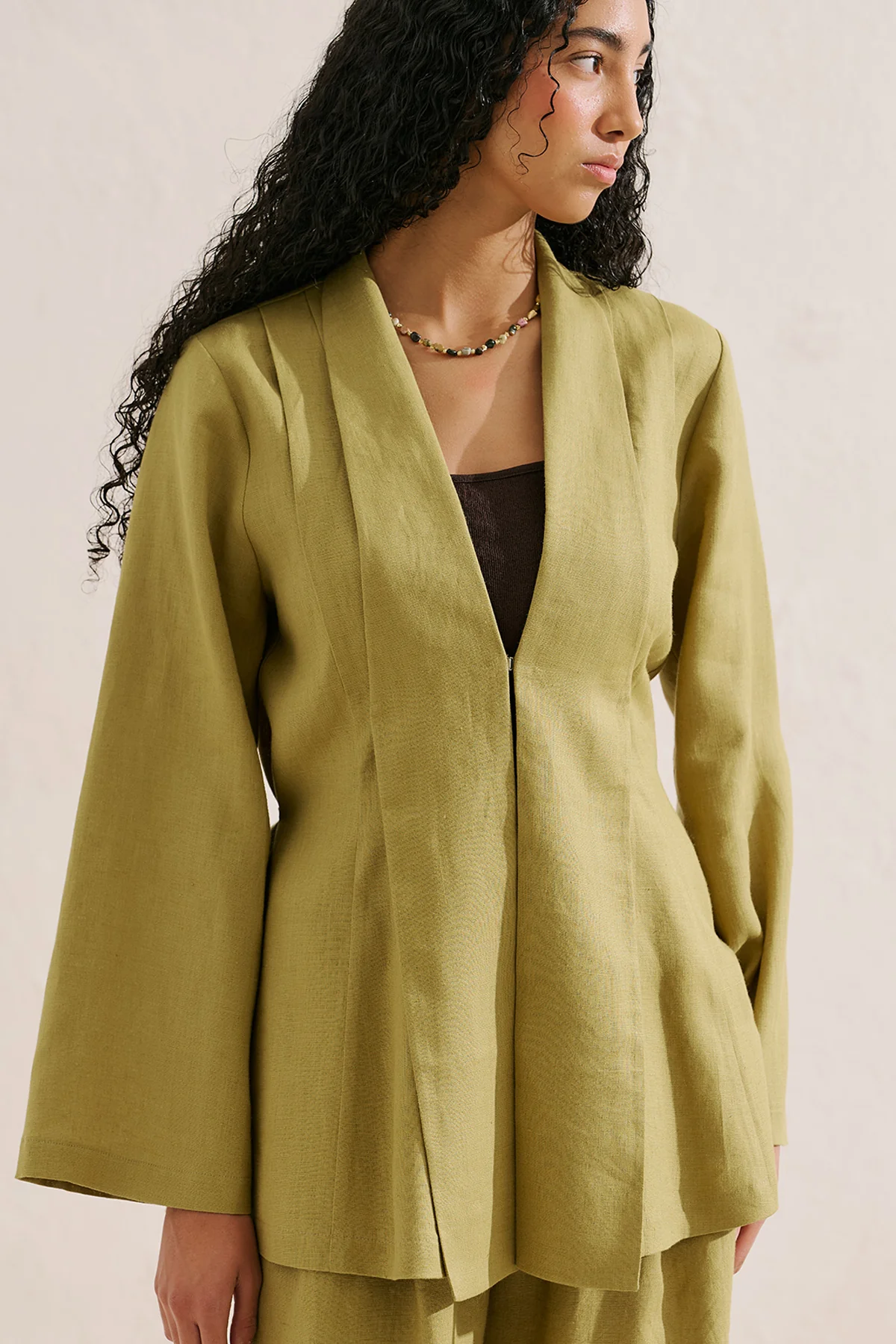 Pleated Linen Kimono Jacket Olive Green - Image 6