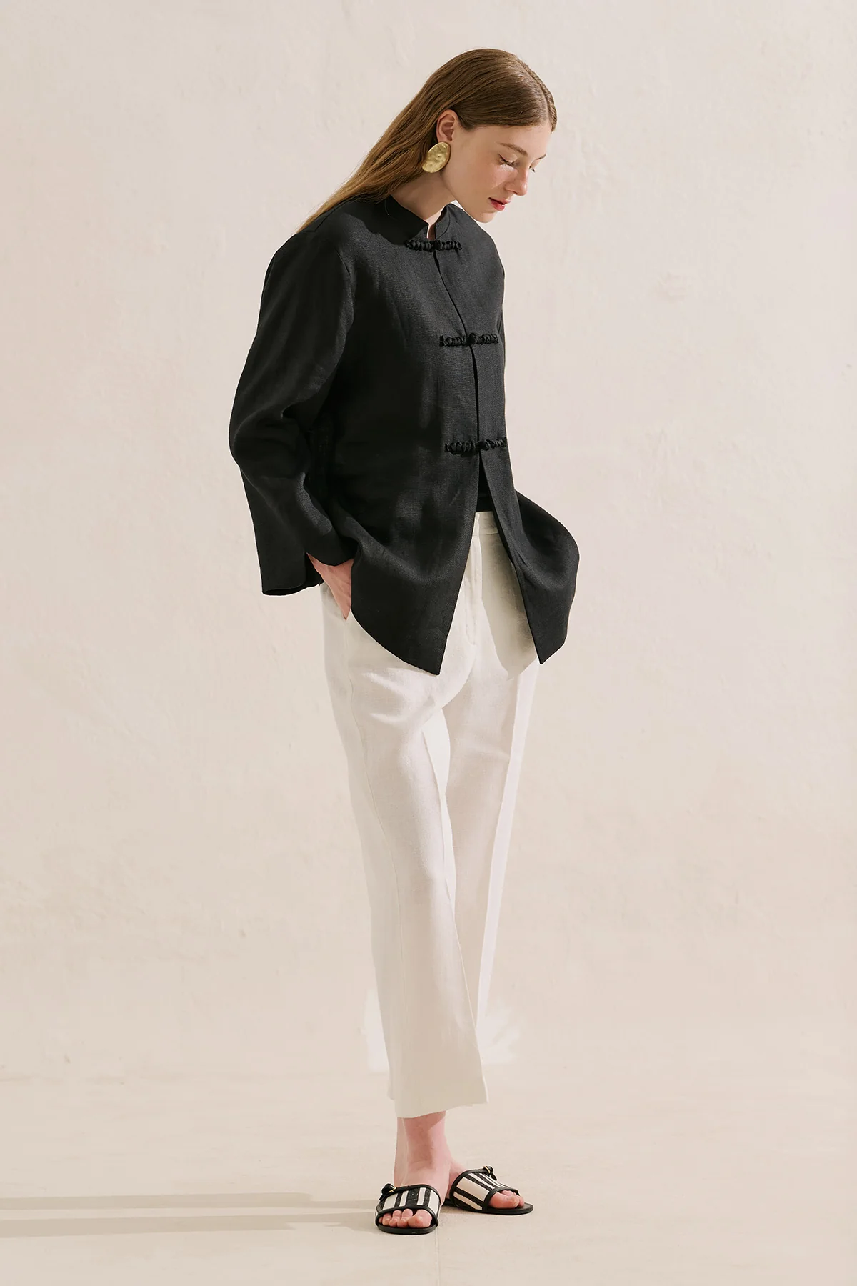 Linen Tie Detail Jacket Black - Image 3