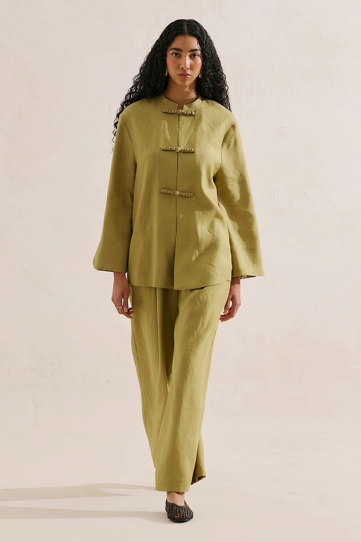 Linen Tie Detail Jacket Olive Green