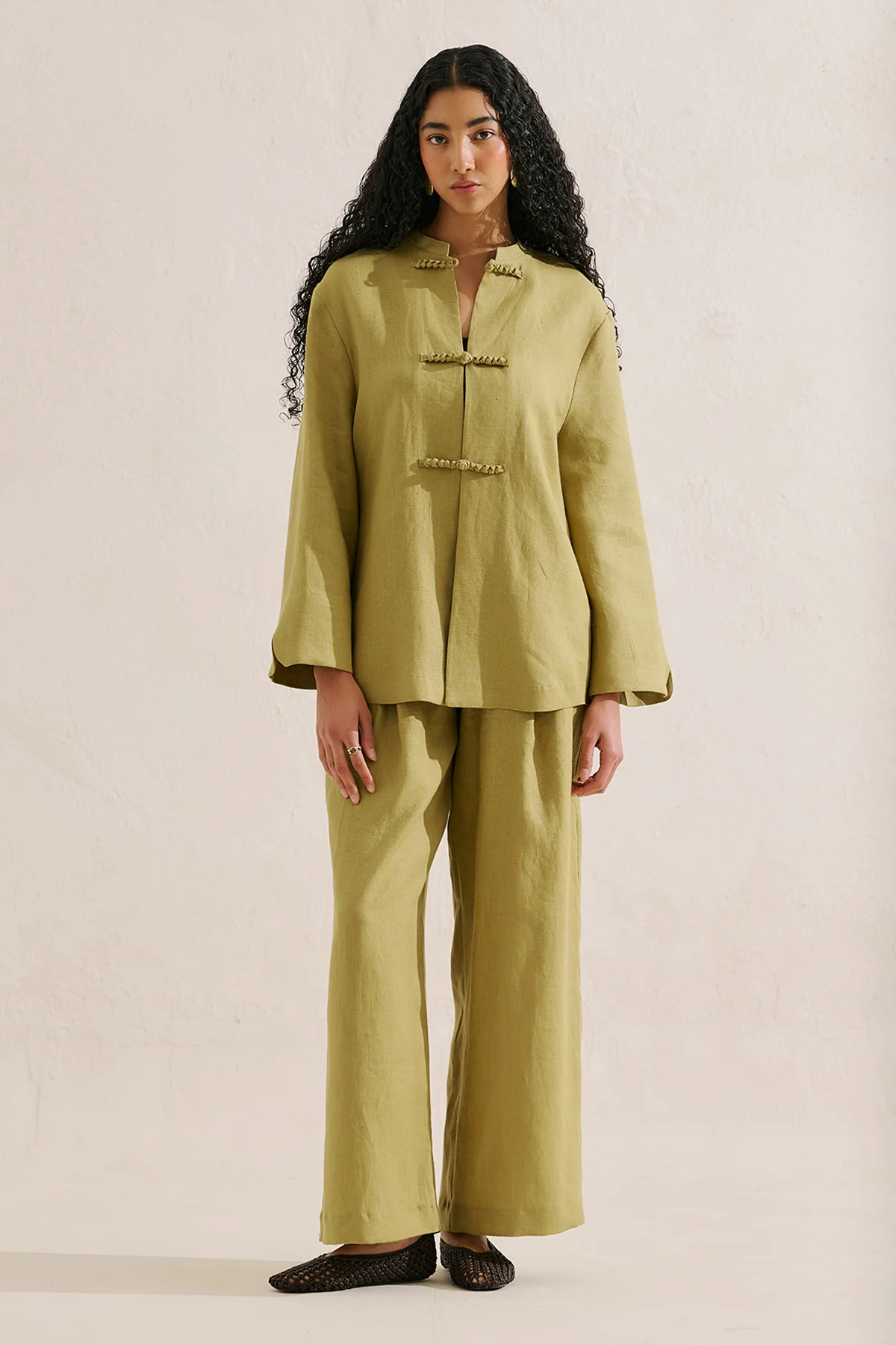 Linen Tie Detail Jacket Olive Green - Image 2