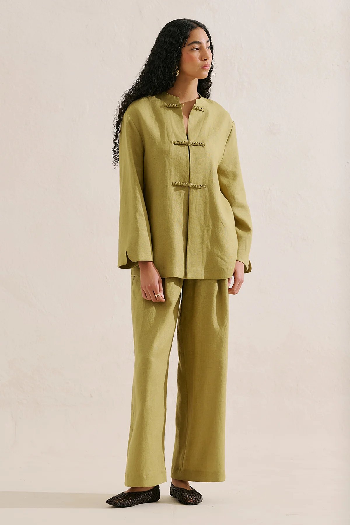 Linen Tie Detail Jacket Olive Green - Image 3