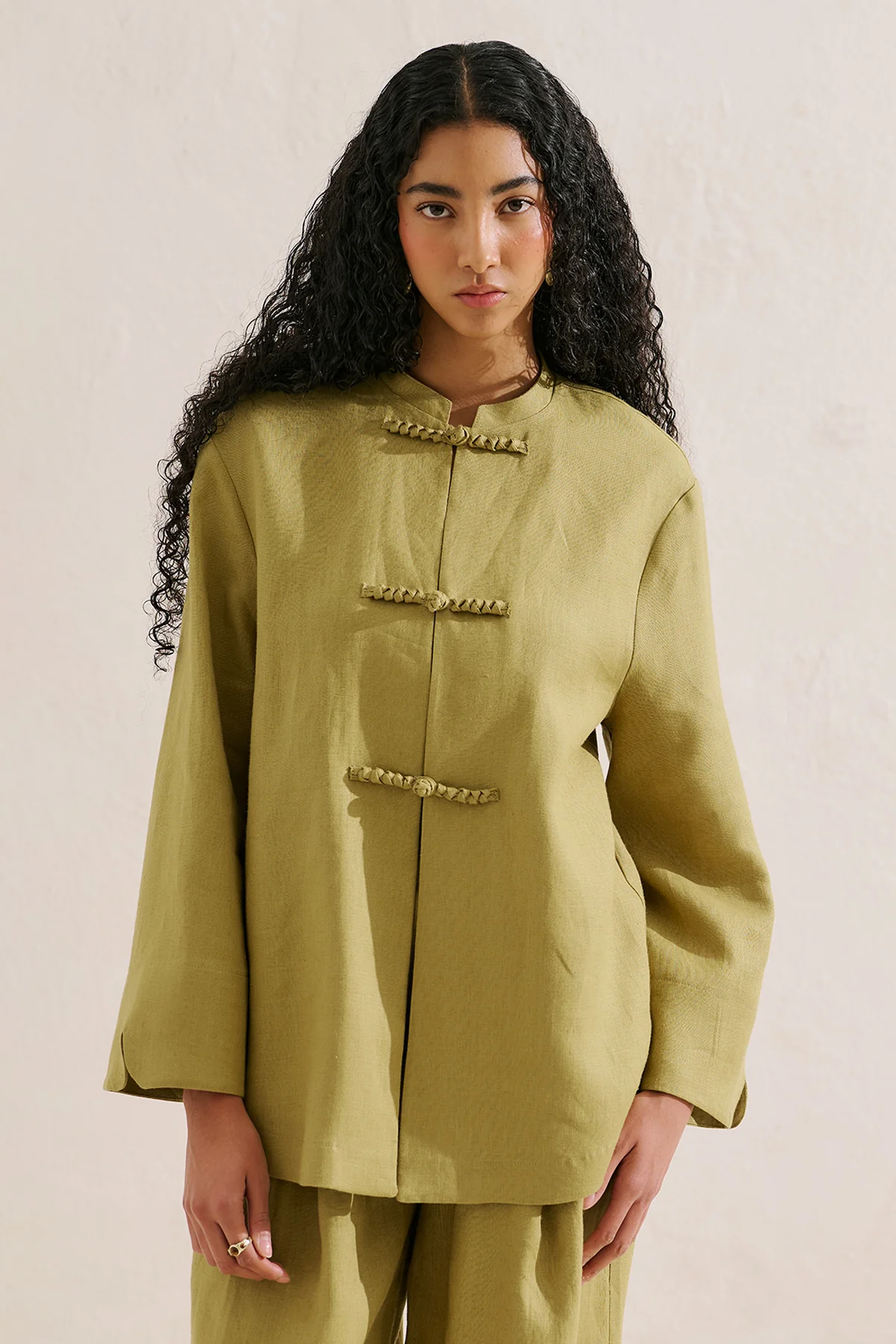 Linen Tie Detail Jacket Olive Green - Image 4