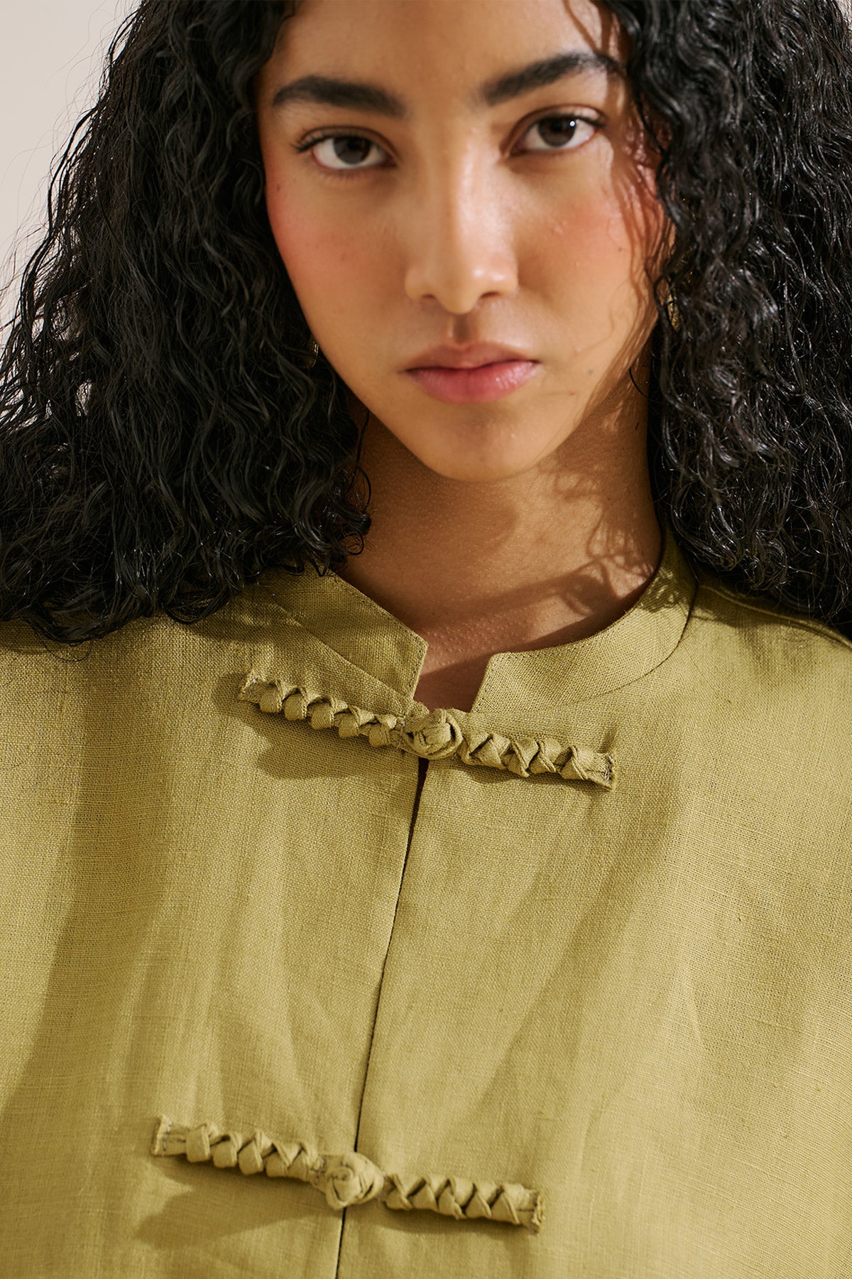 Linen Tie Detail Jacket Olive Green - Image 5