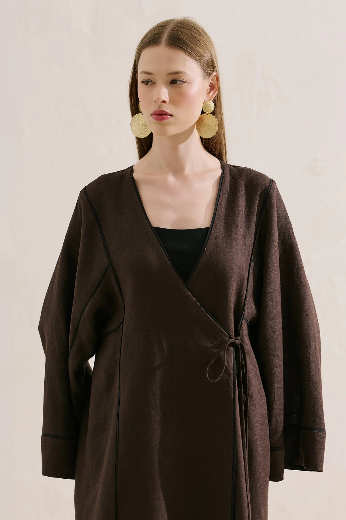 Linen Tie Detail Kimono Dark Brown - Image 2