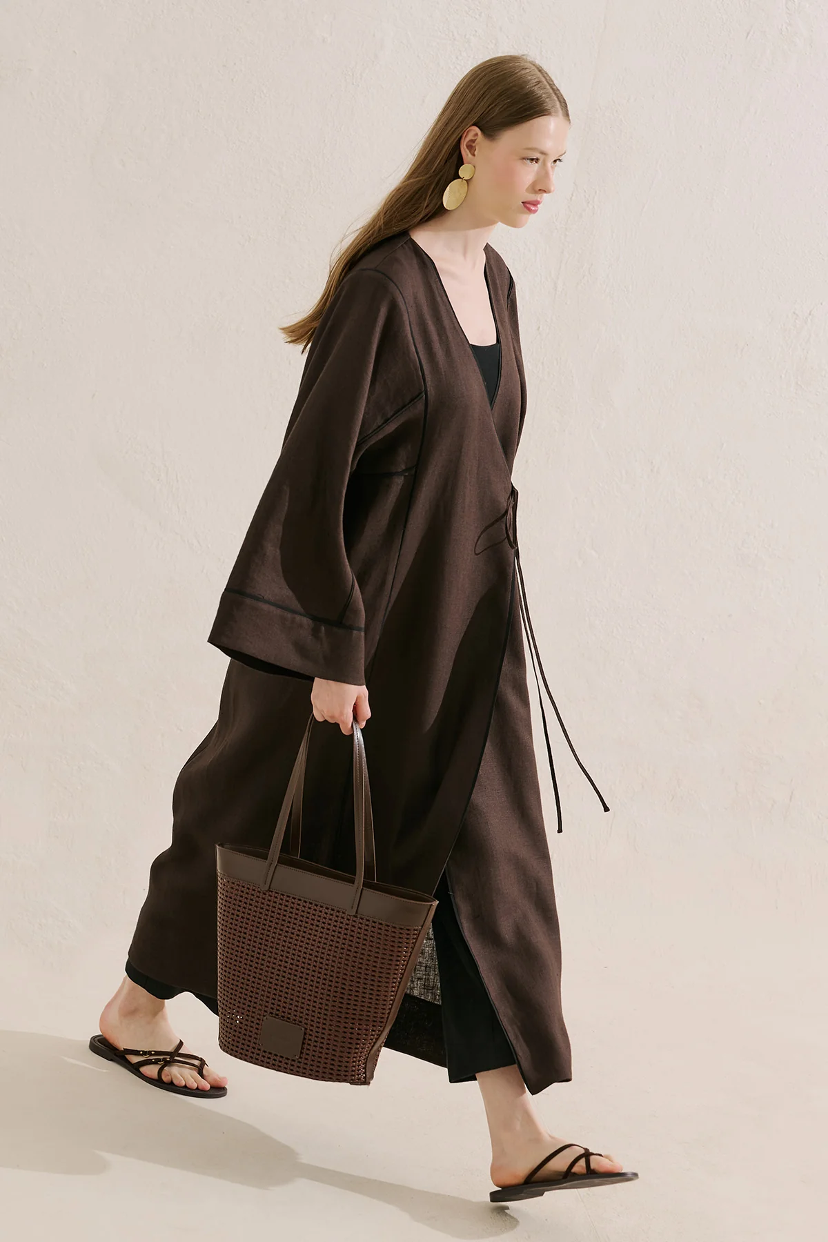 Linen Tie Detail Kimono Dark Brown - Image 3