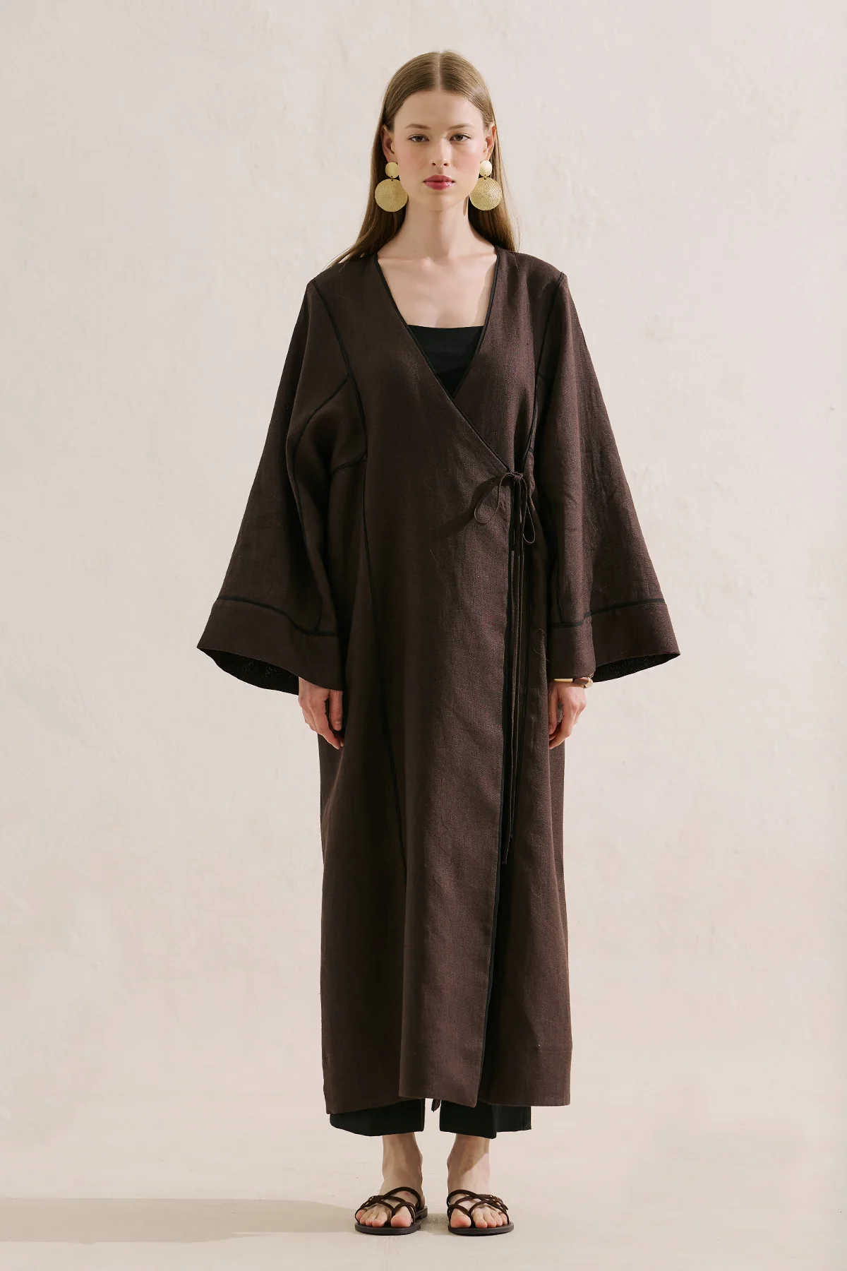Linen Tie Detail Kimono Dark Brown - Image 4