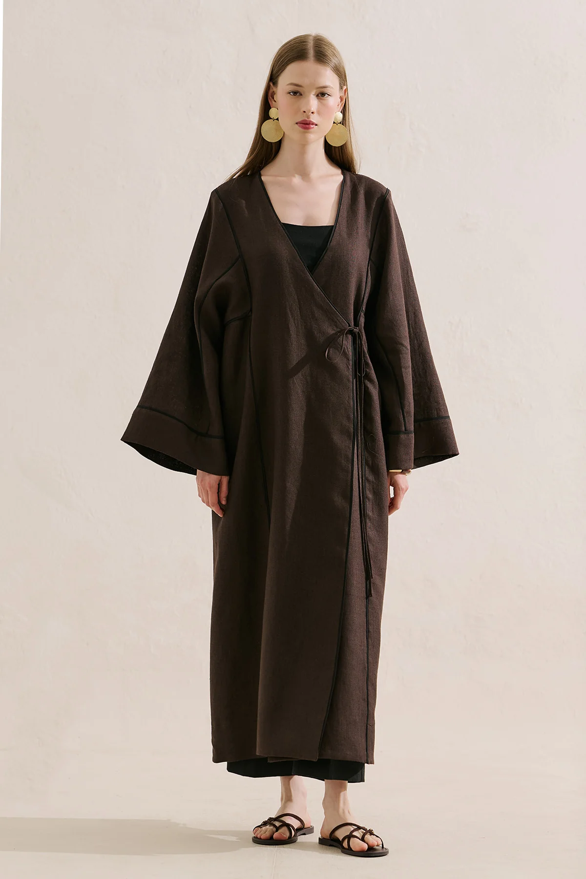 Linen Tie Detail Kimono Dark Brown - Image 5