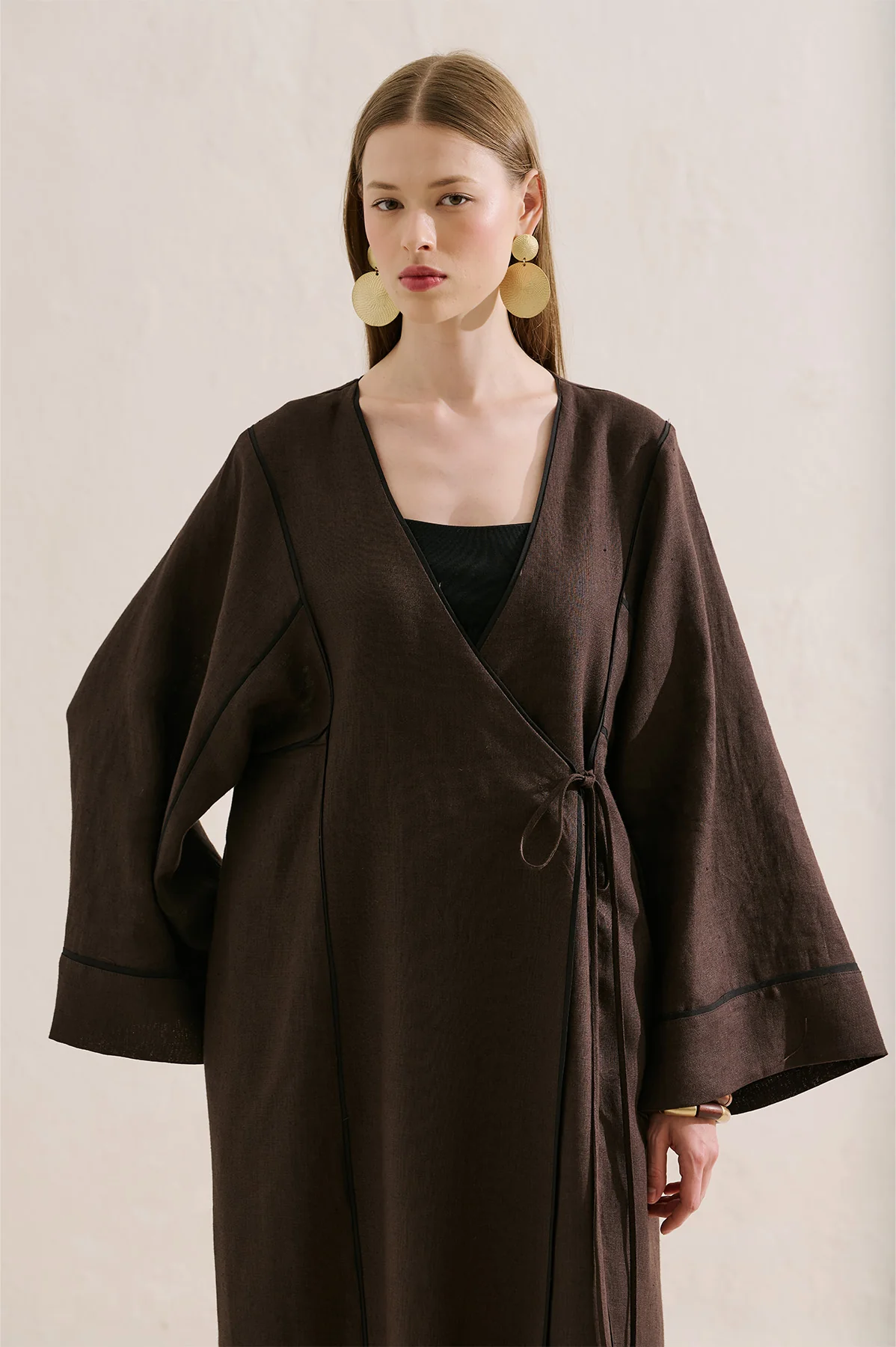 Linen Tie Detail Kimono Dark Brown - Image 7