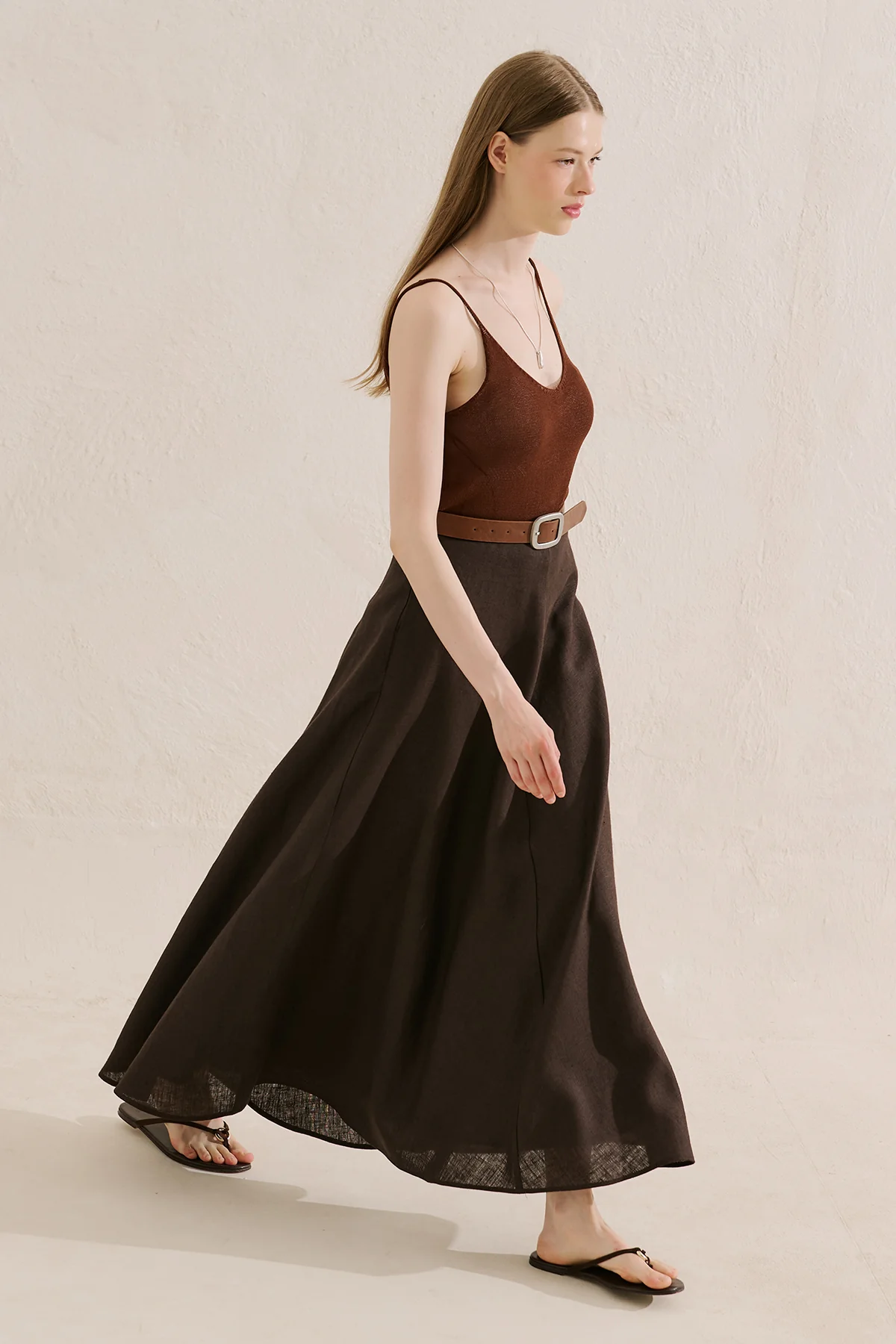 Linen Ruffle Skirt Dark Brown