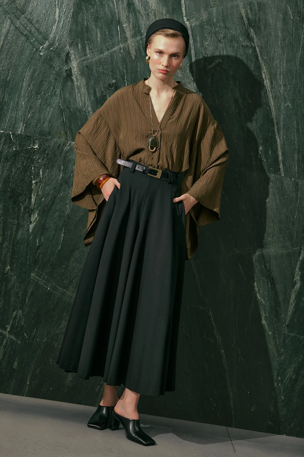 Kimono Sleeve Blouse Khaki Striped