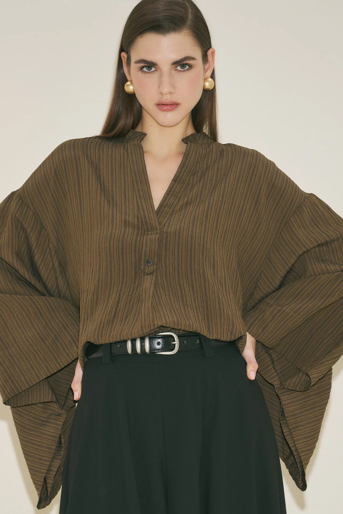 Kimono Sleeve Blouse Khaki Striped - Image 3