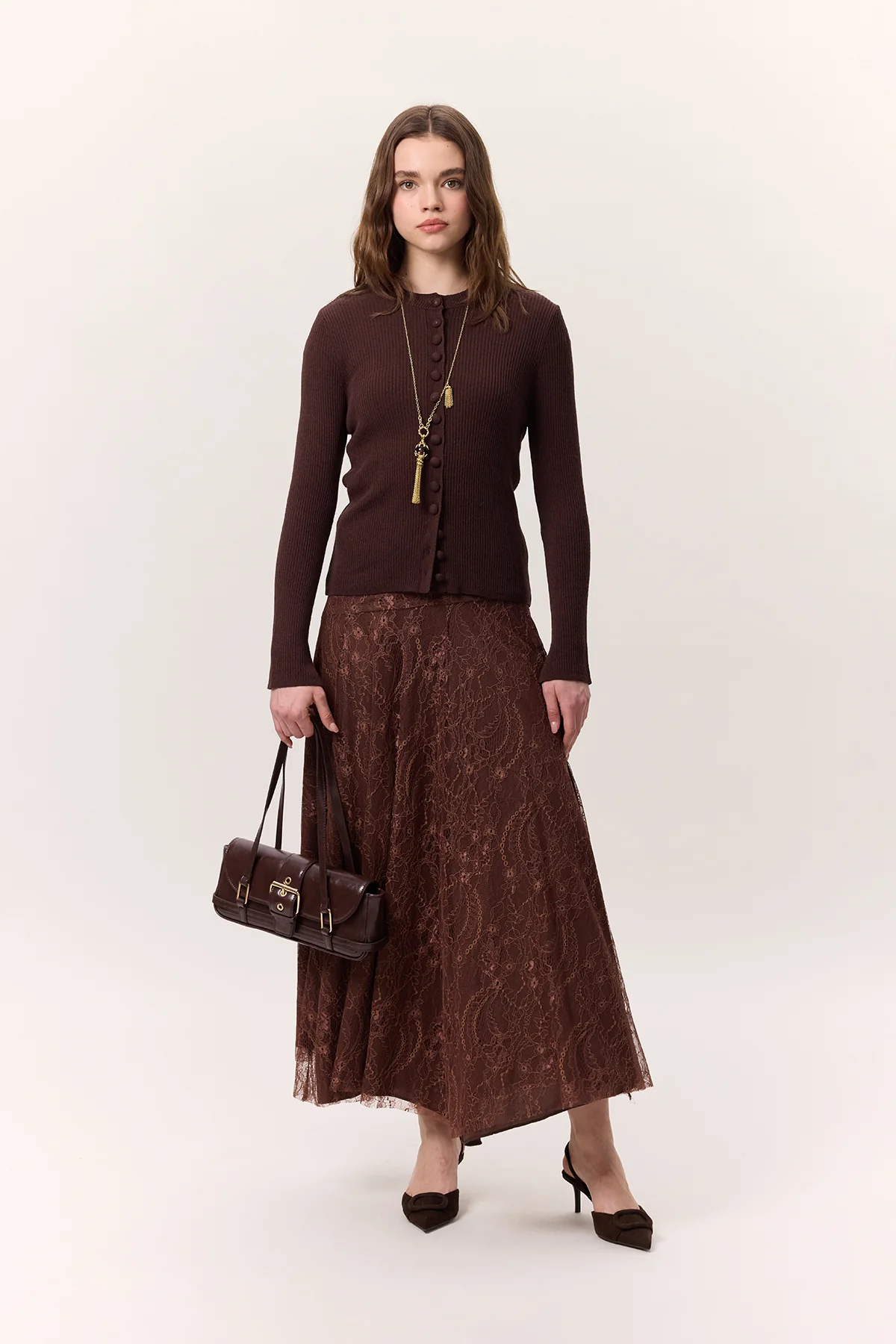 Lace Detail Wide Skirt Brown - Image 3