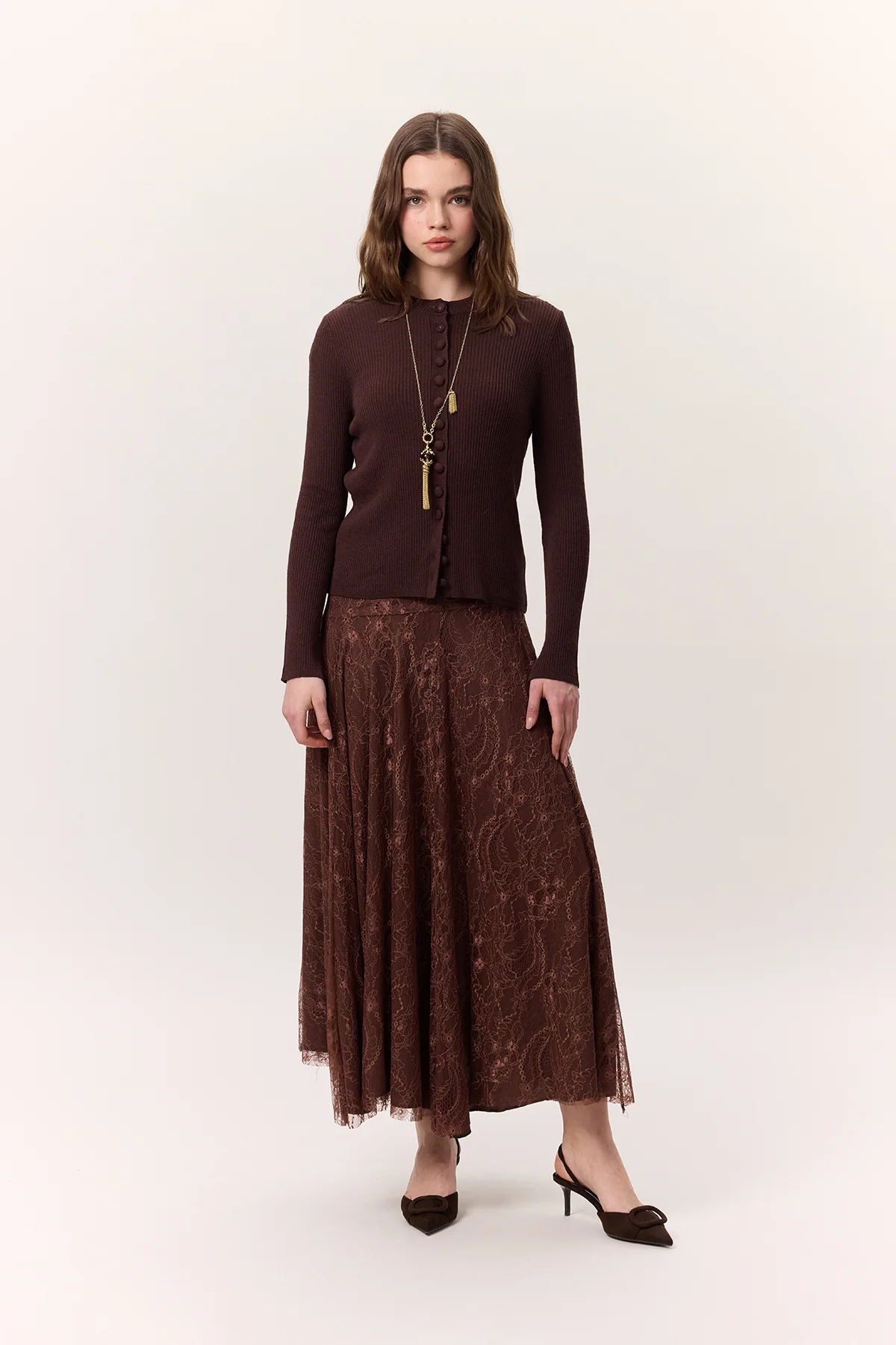 Lace Detail Wide Skirt Brown - Image 4