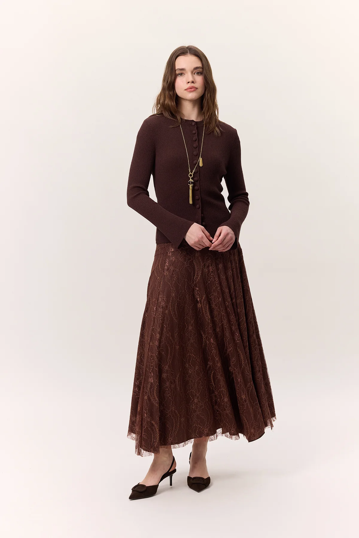 Lace Detail Wide Skirt Brown - Image 5