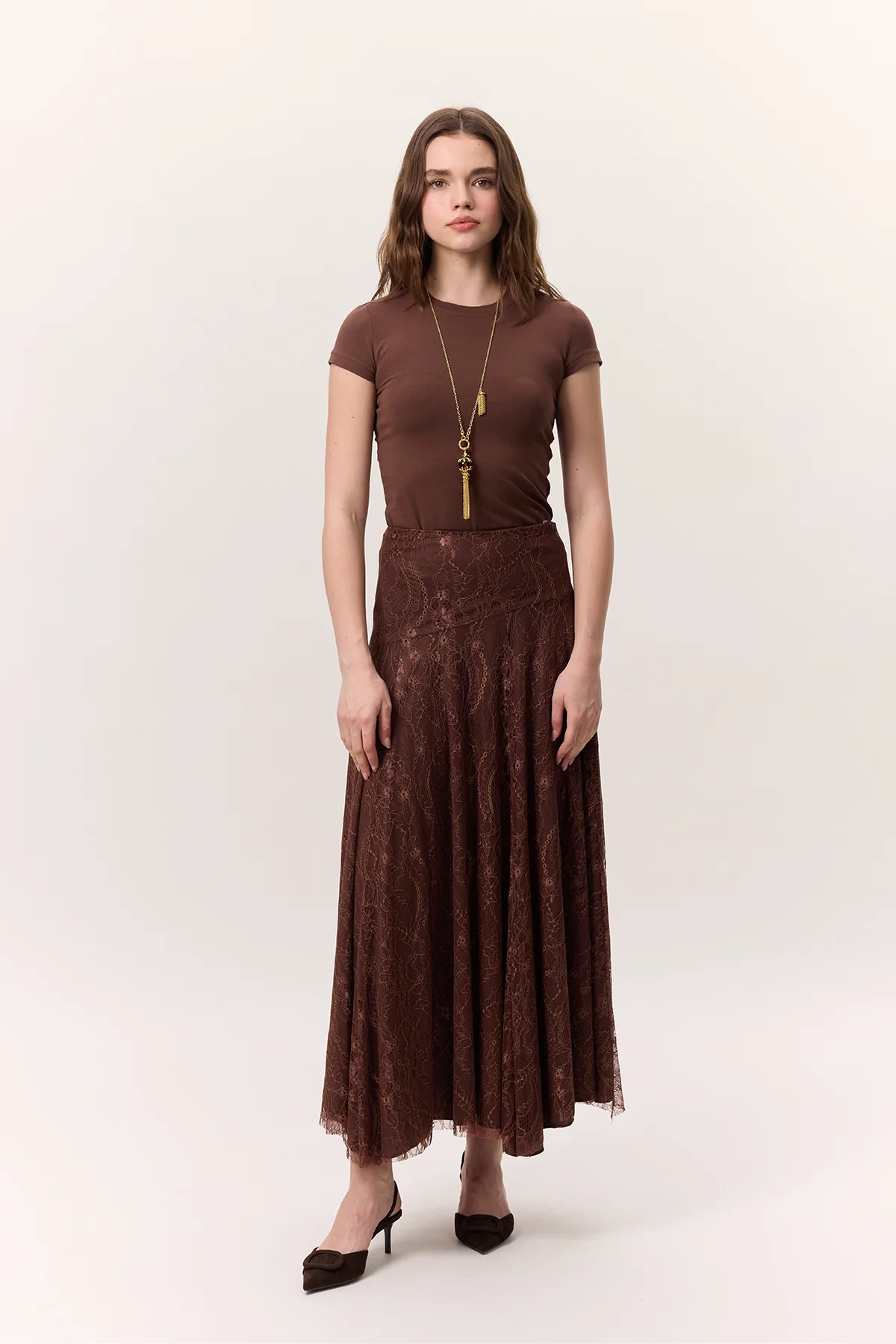 Lace Detail Wide Skirt Brown - Image 6