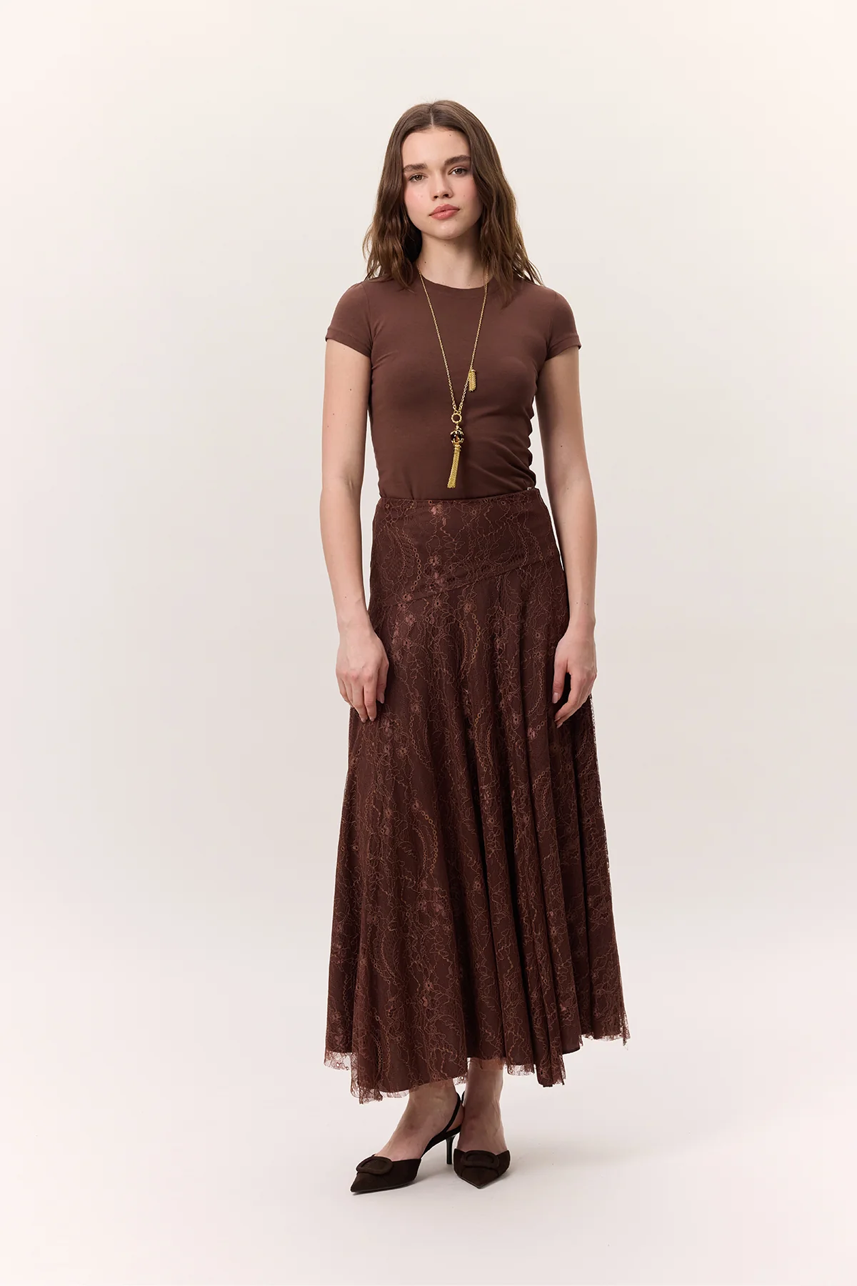 Lace Detail Wide Skirt Brown - Image 7