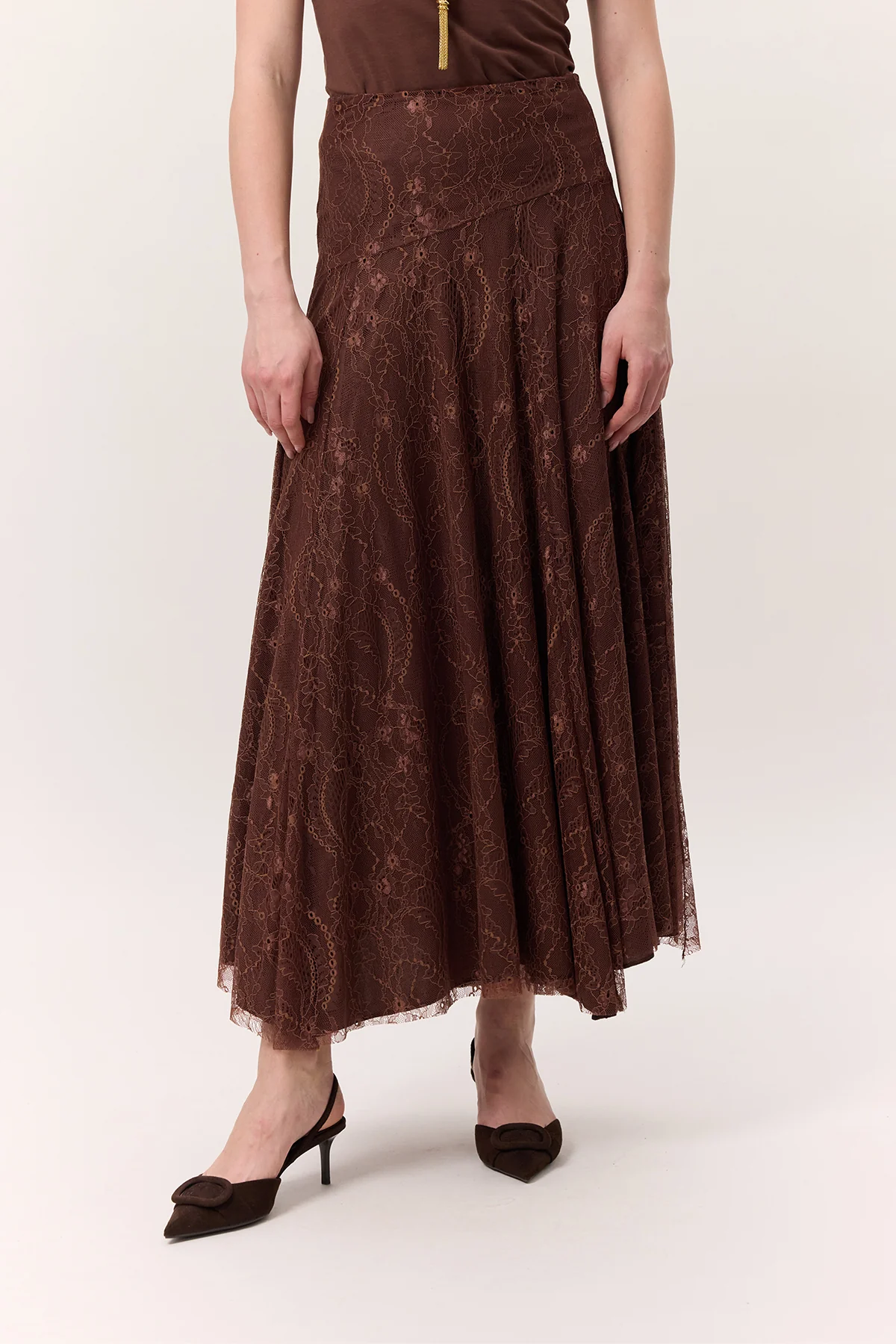 Lace Detail Wide Skirt Brown - Image 8