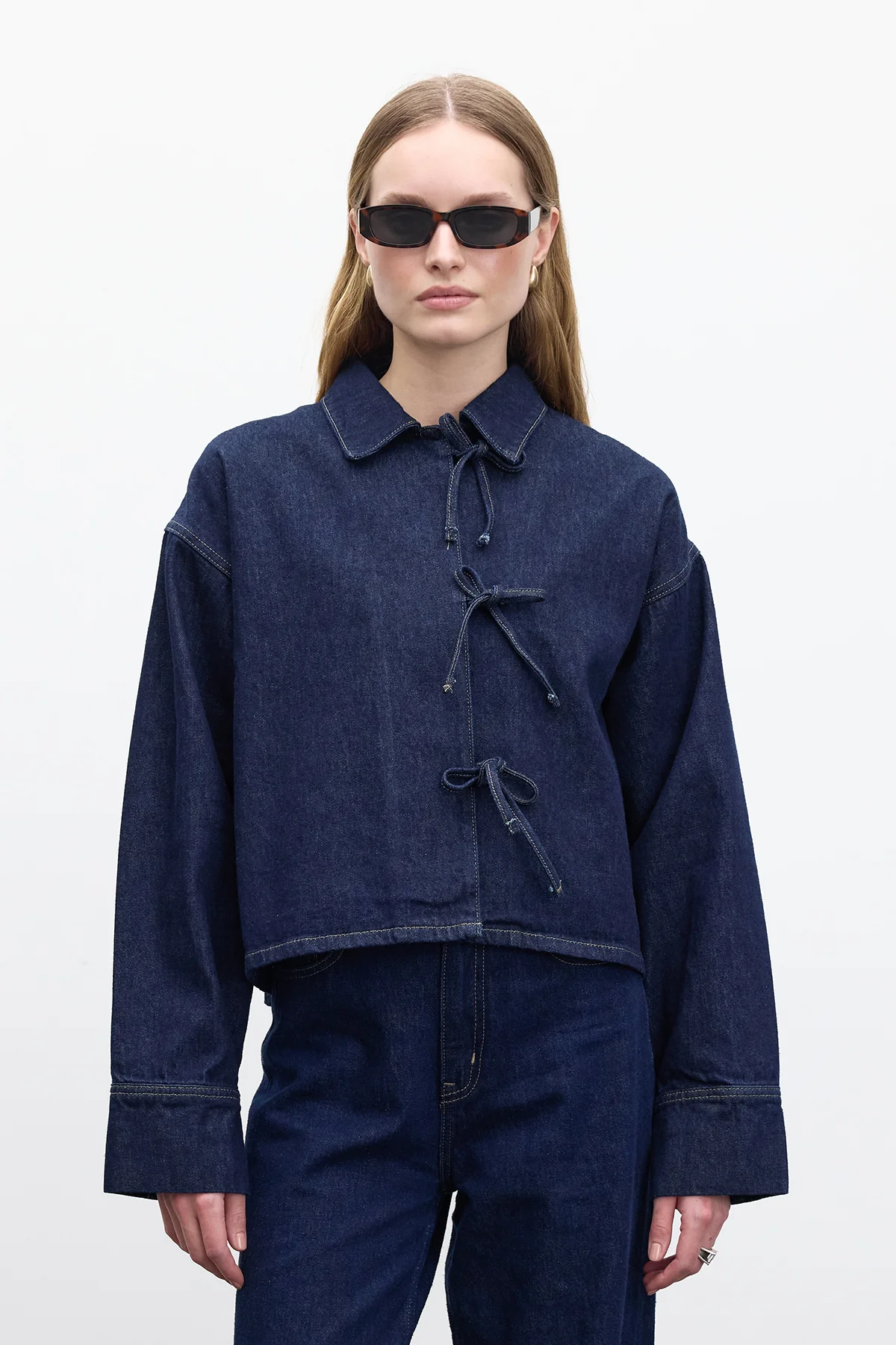 Laced Denim Blouse Dark Blue - Image 5