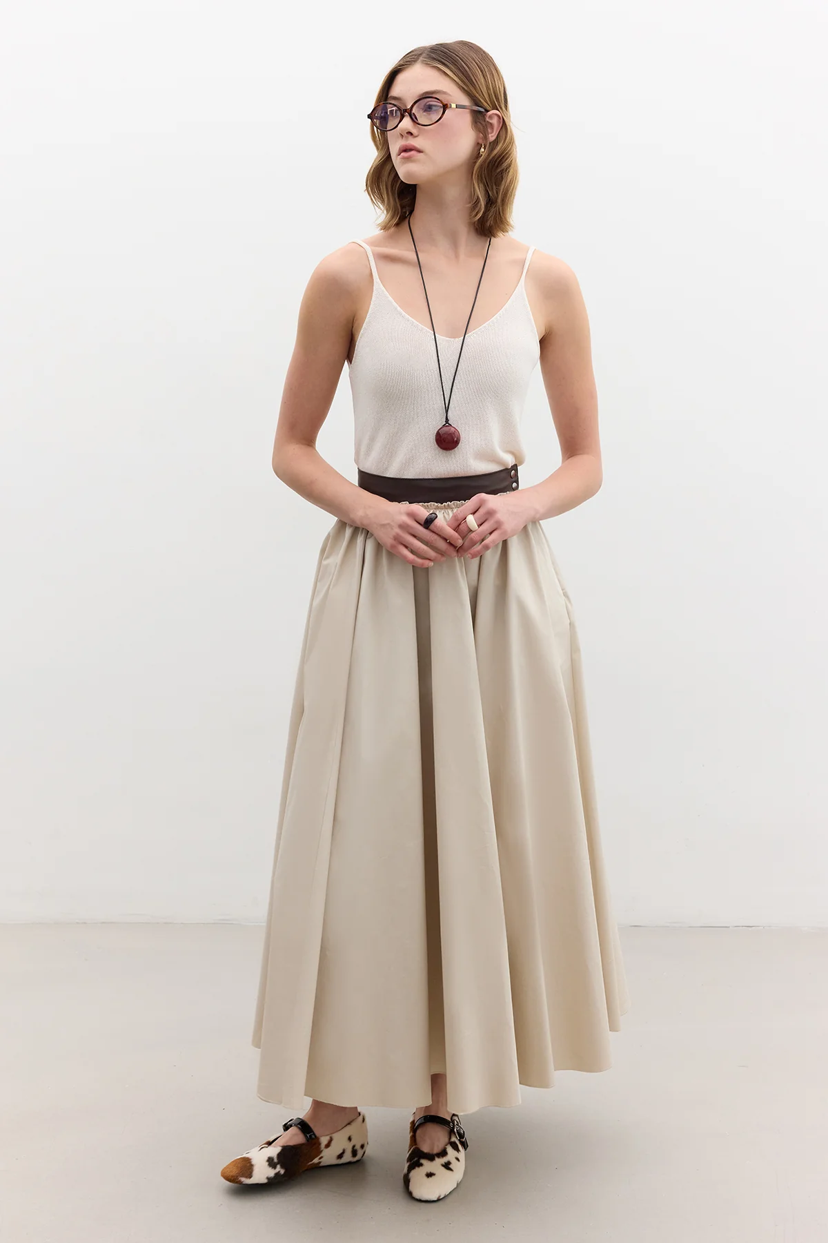Leather Detail A-Line Skirt Stone - Image 3