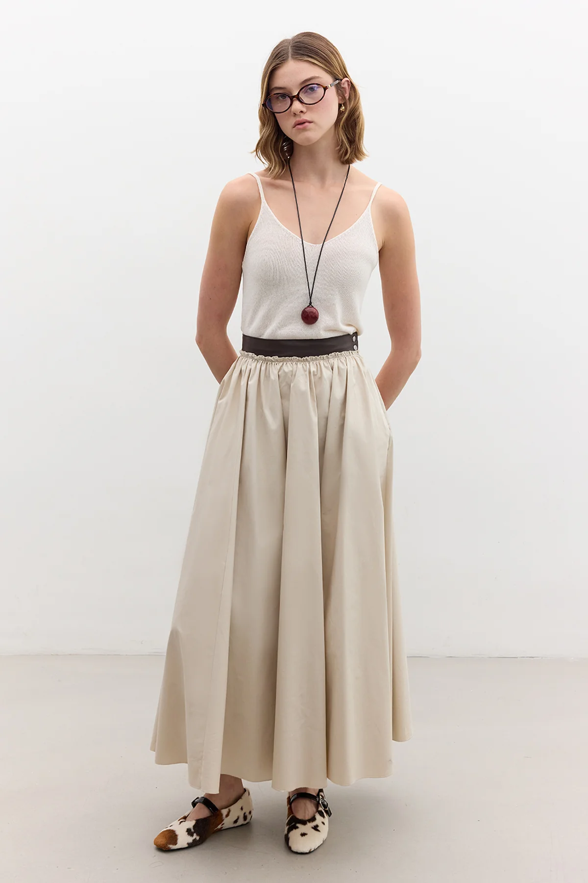 Leather Detail A-Line Skirt Stone - Image 4