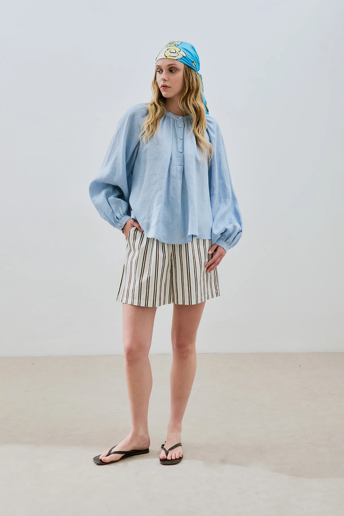 Lightweight Linen Gathered Neck Shirt Blue