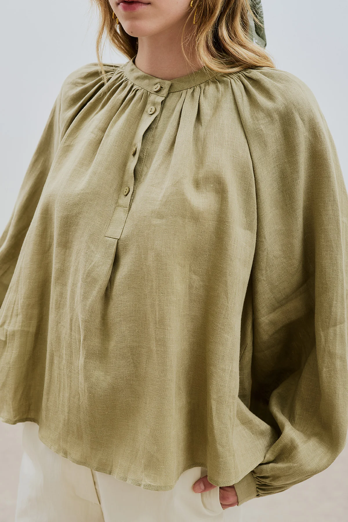 Lightweight Linen Gathered Neck Shirt Khaki - Image 3