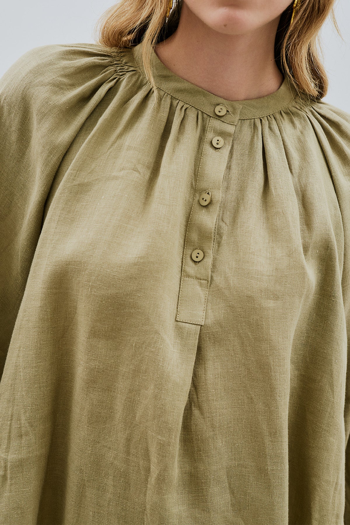 Lightweight Linen Gathered Neck Shirt Khaki - Image 4