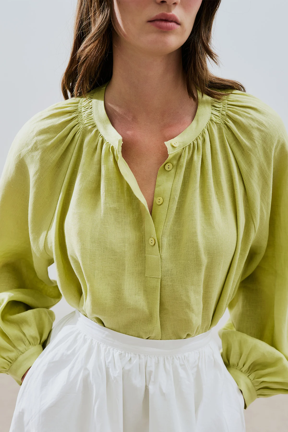 Lightweight Linen Gathered Neck Shirt Lime - Image 3