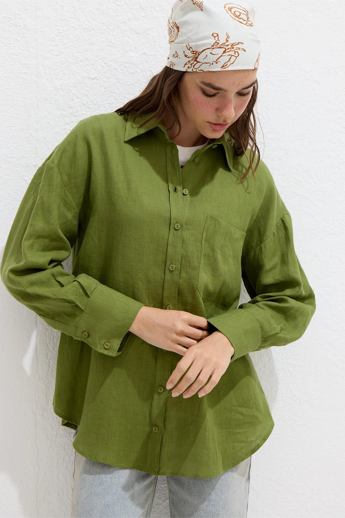 Lightweight Linen Oversized Shirt Grass Green - Image 2