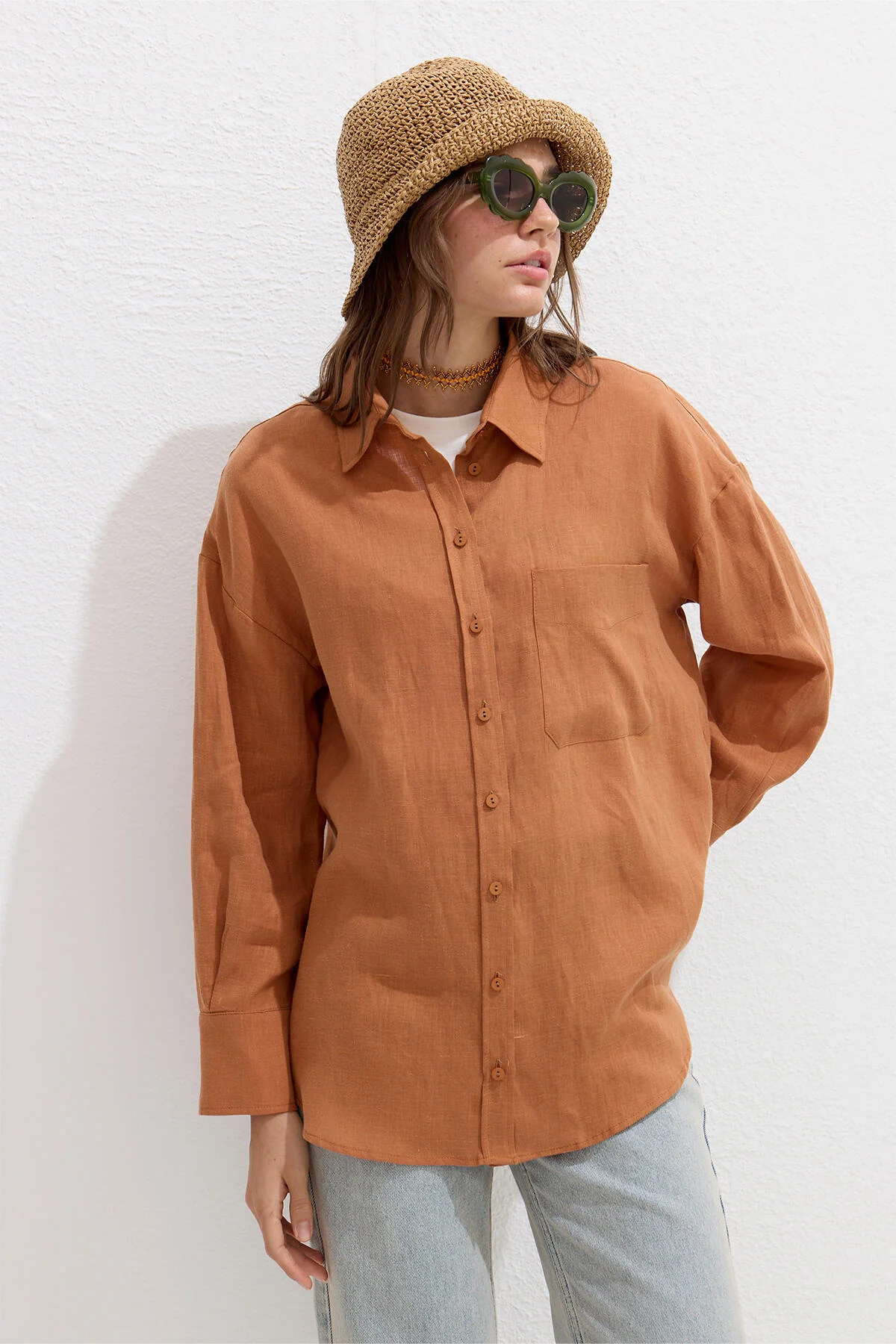 Lightweight Linen Oversized Shirt Orange - Image 2
