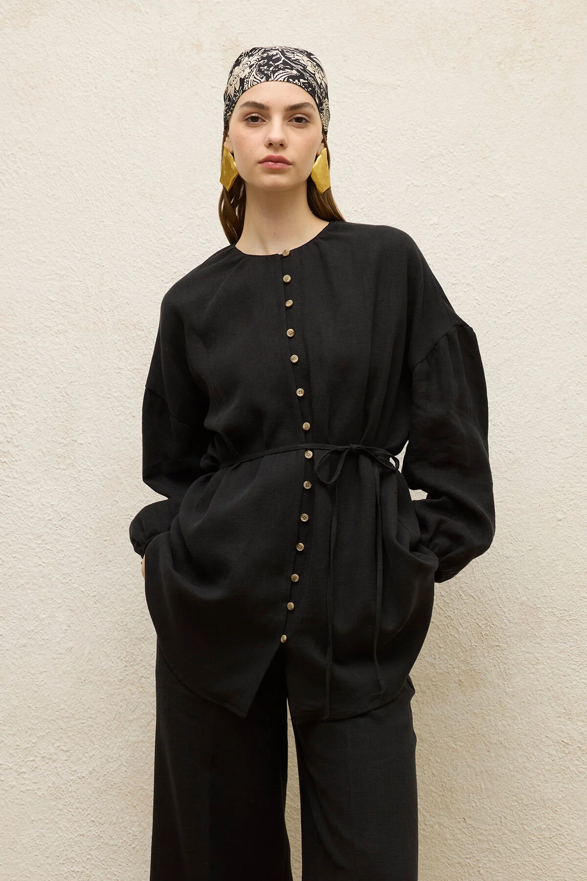 Linen Balloon Sleeve Shirt Black - Image 5