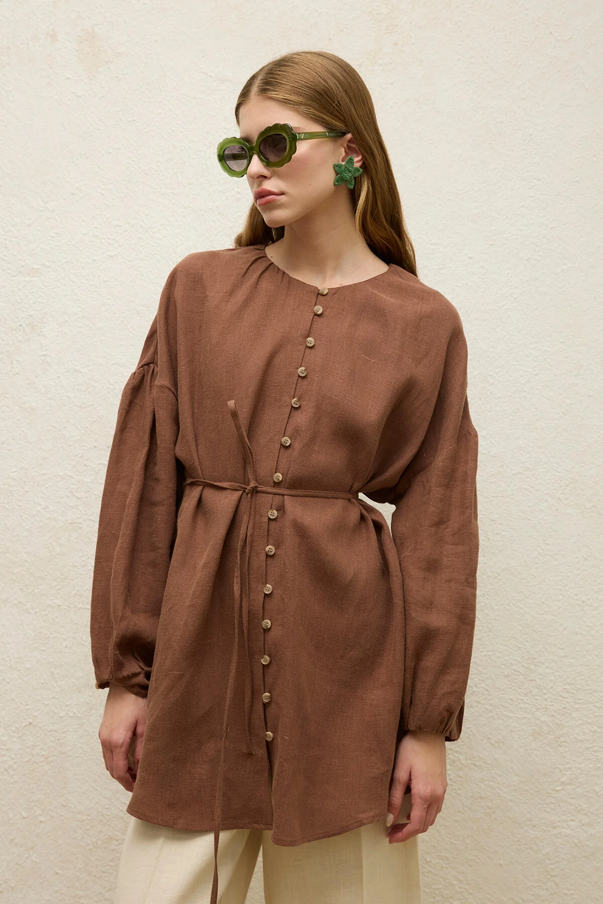 Linen Balloon Sleeve Shirt Brown - Image 6