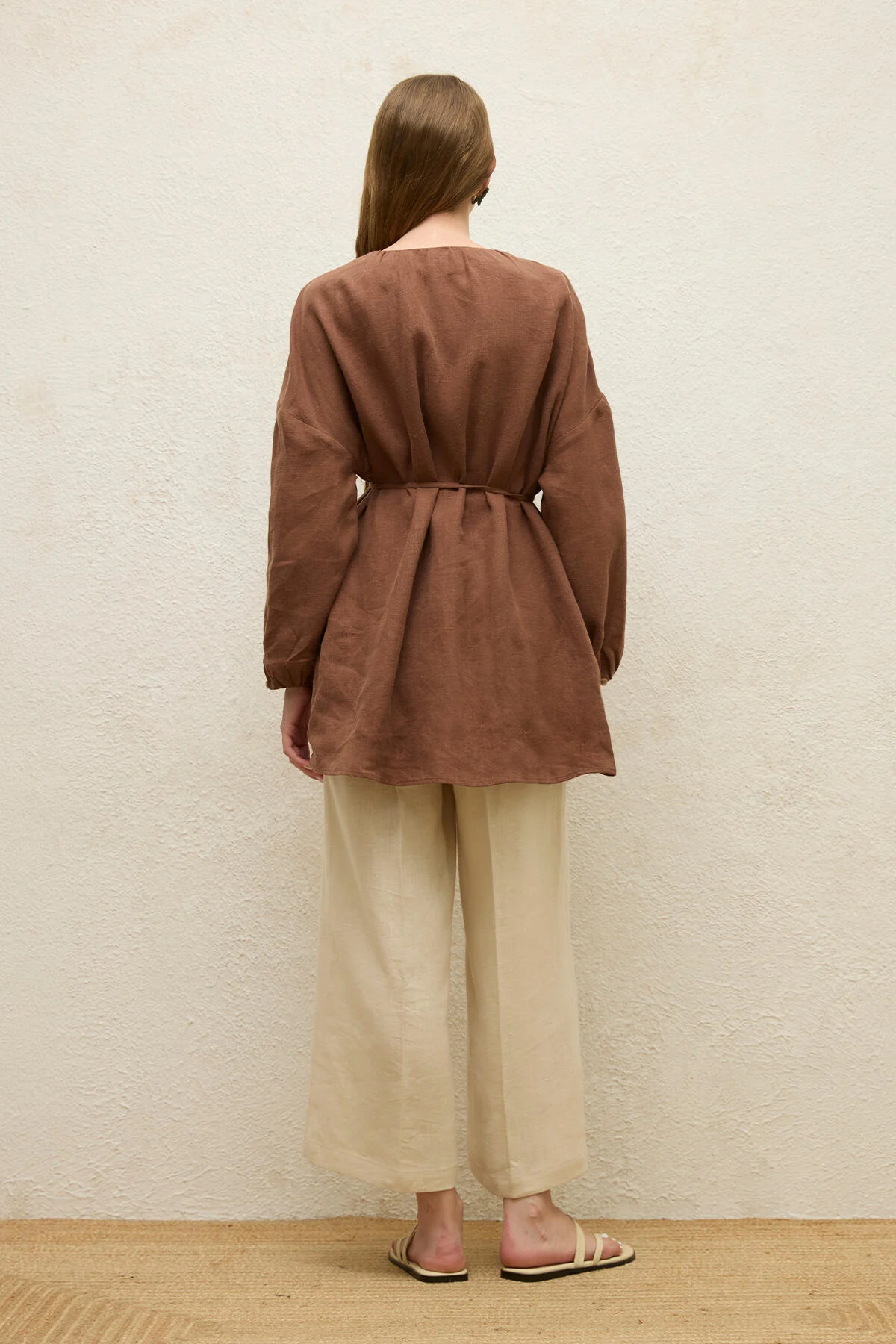 Linen Balloon Sleeve Shirt Brown - Image 8