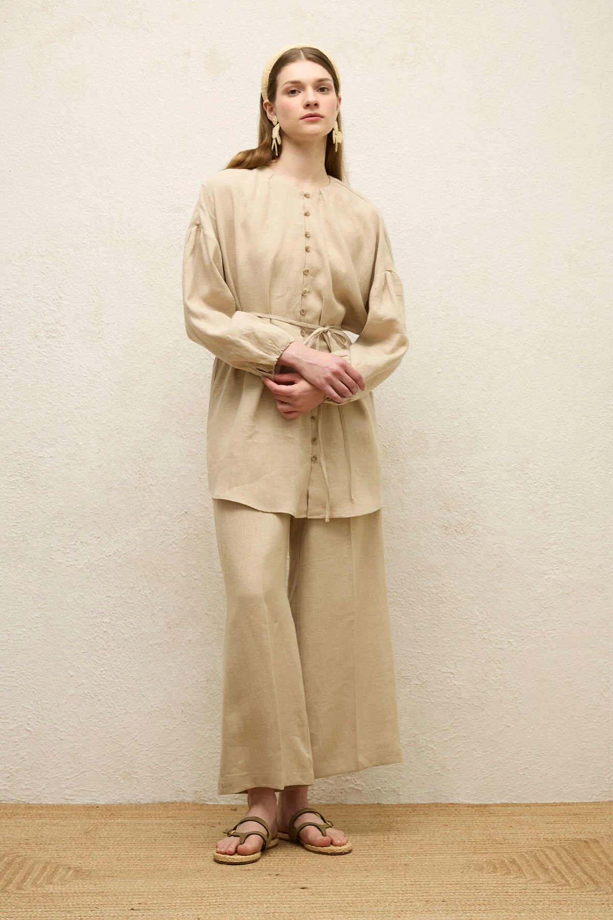 Linen Balloon Sleeve Shirt Natural - Image 4