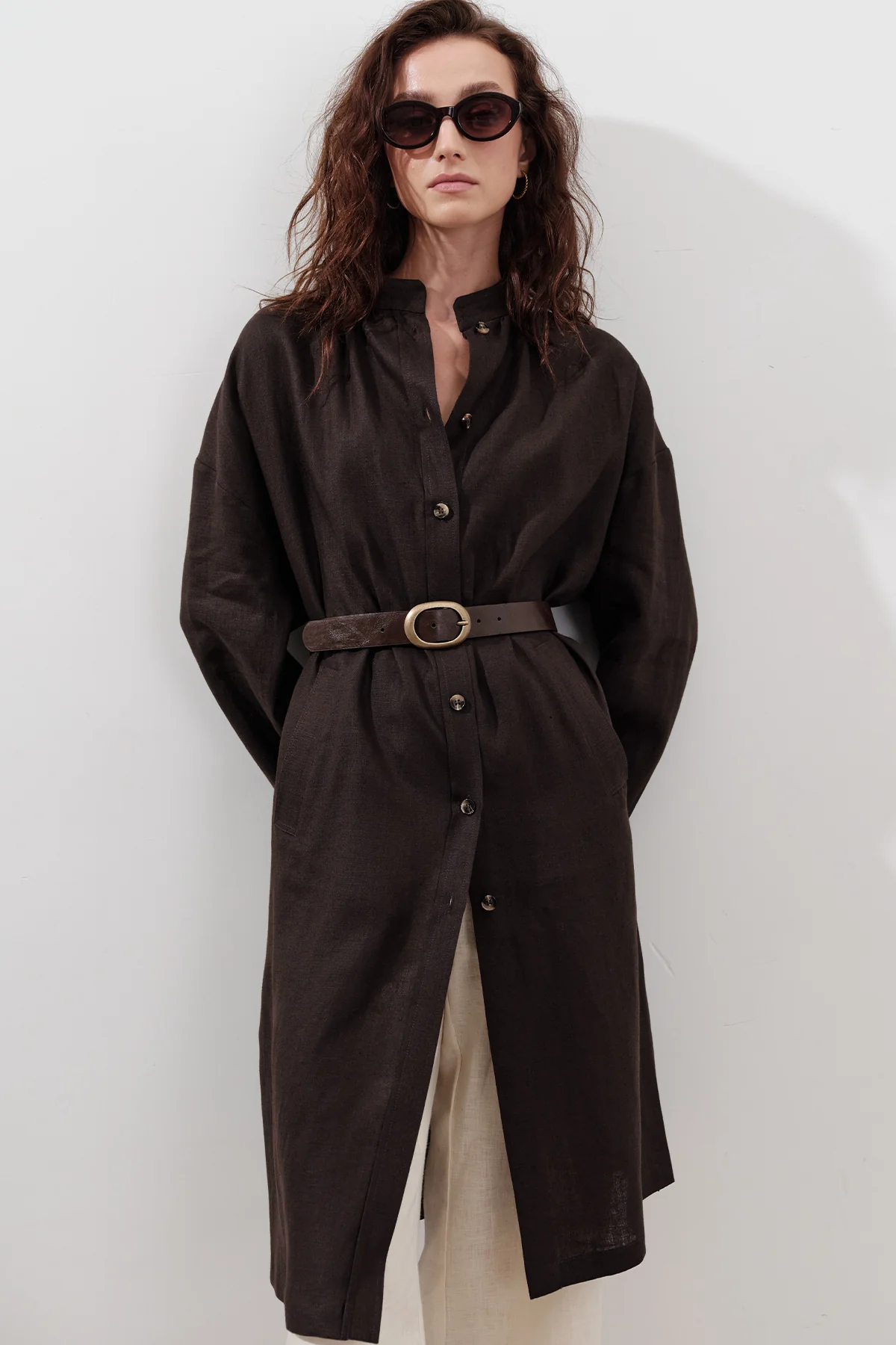 Linen Belted Long Tunic Dark Brown - Image 2