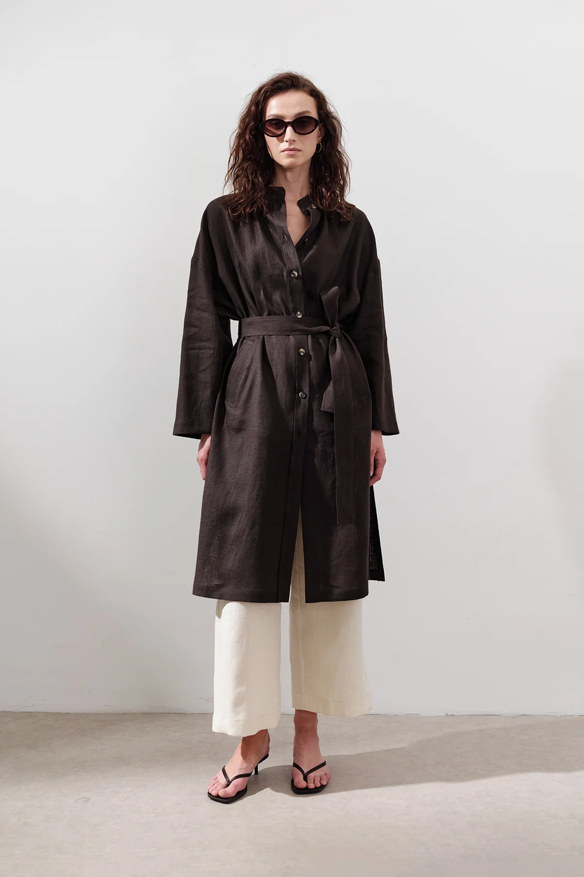 Linen Belted Long Tunic Dark Brown - Image 3