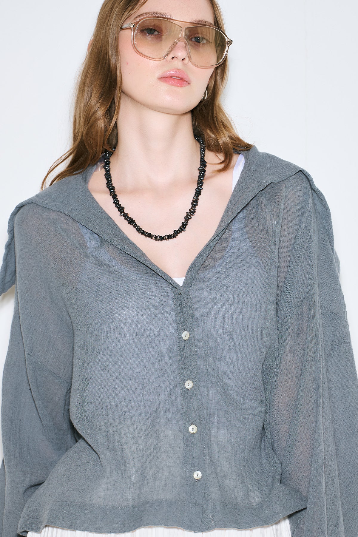 Linen Blend Wide-Collar Shirt Blue - Image 4