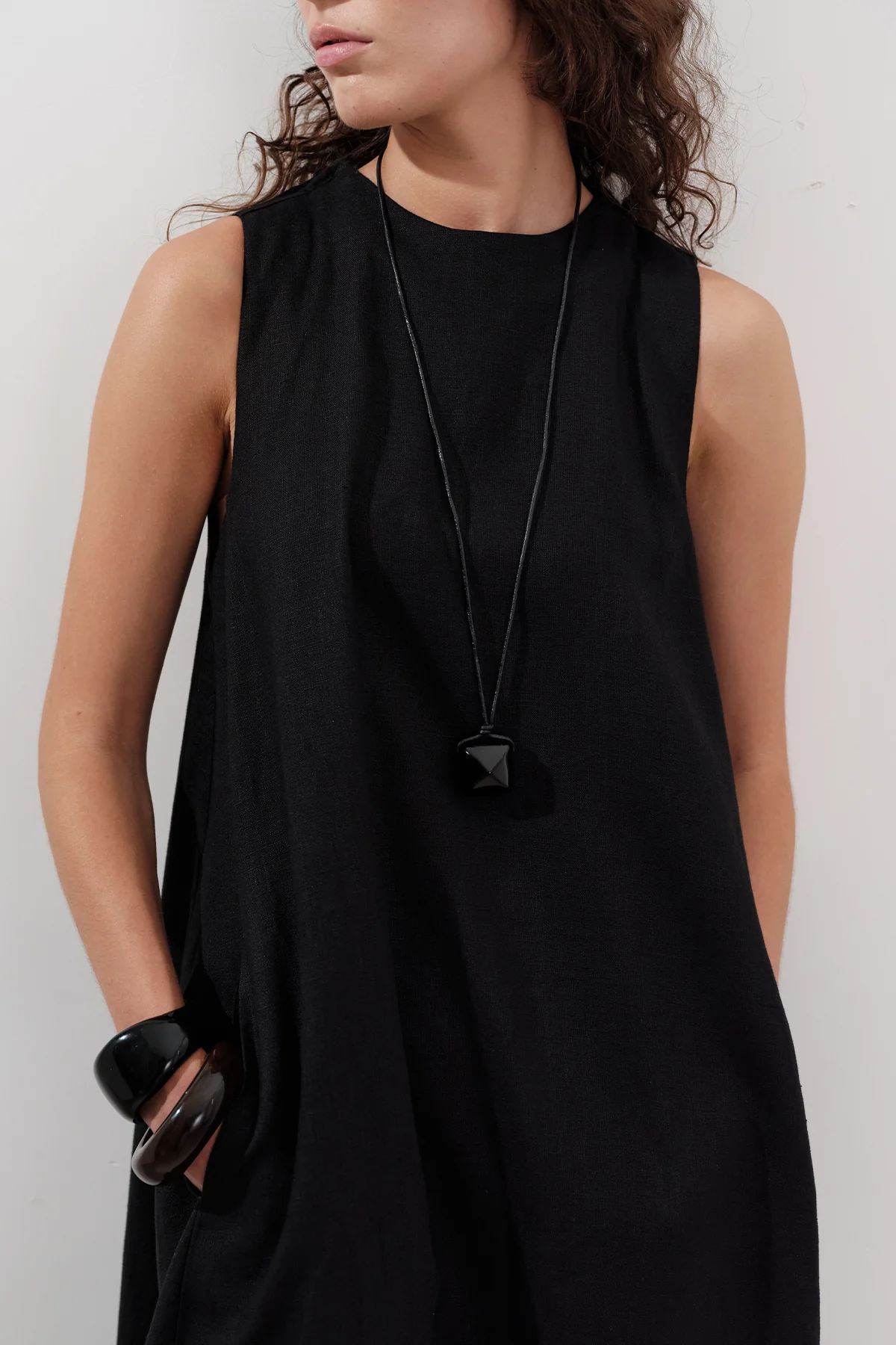 Linen Gathered Dress Black - Image 2