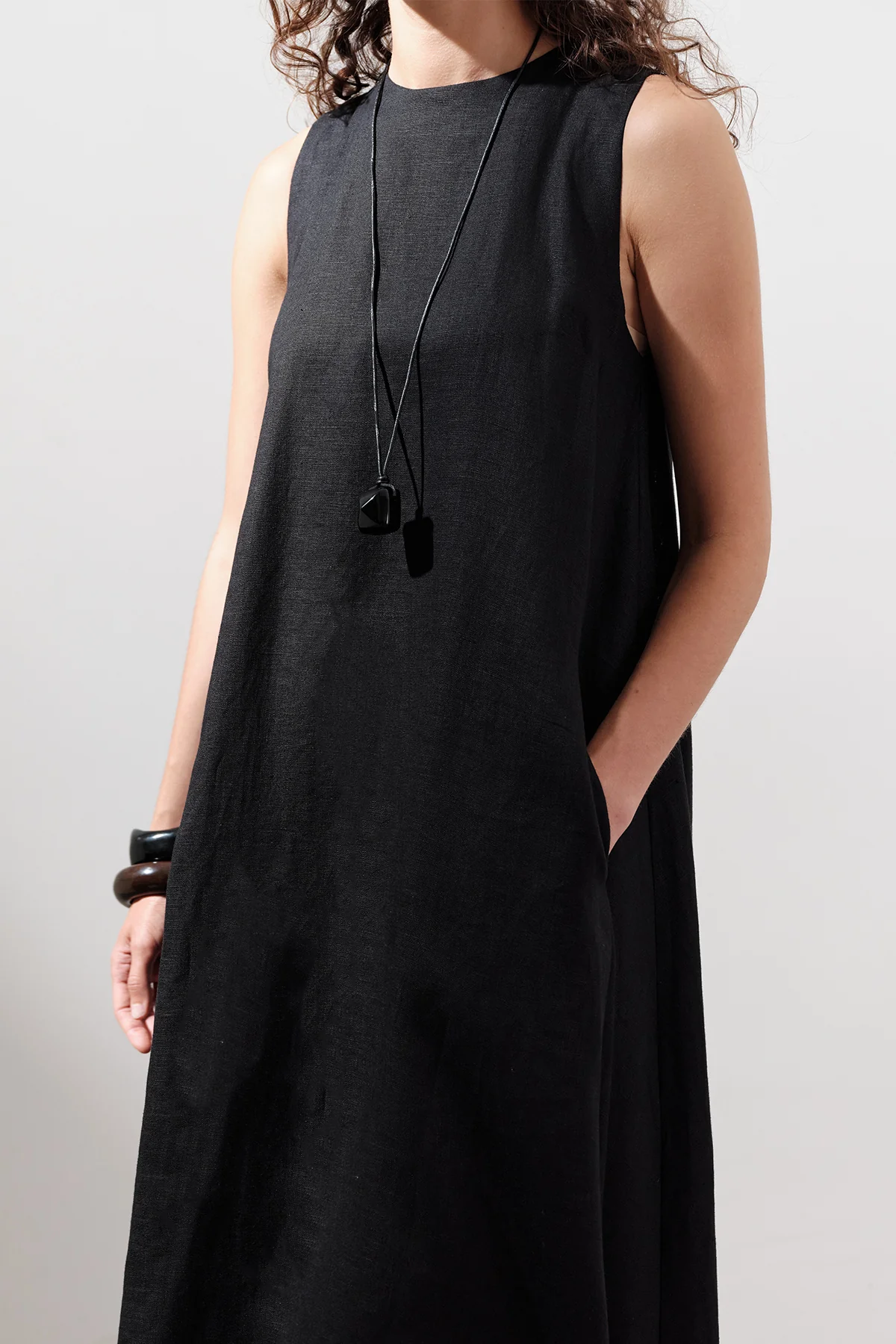 Linen Gathered Dress Black - Image 4