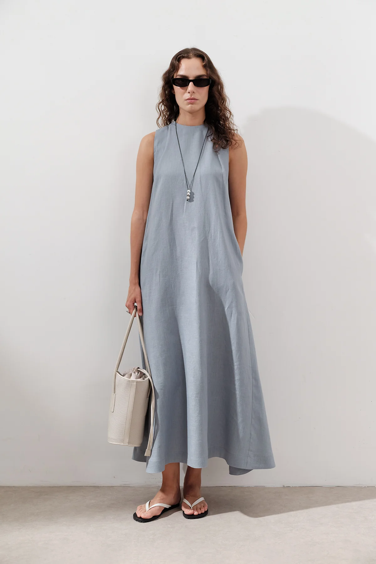 Linen Gathered Dress Blue - Image 5