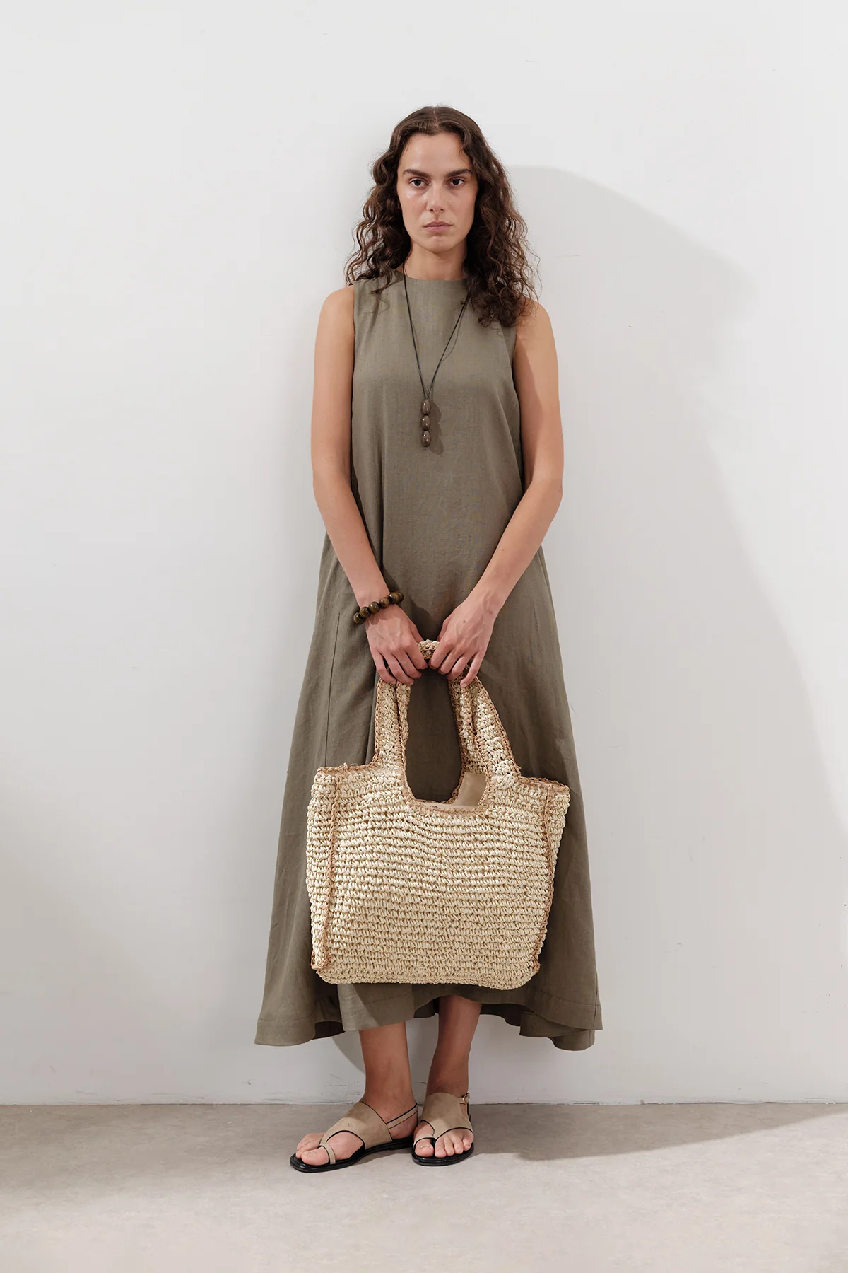 Linen Gathered Dress Khaki - Image 3