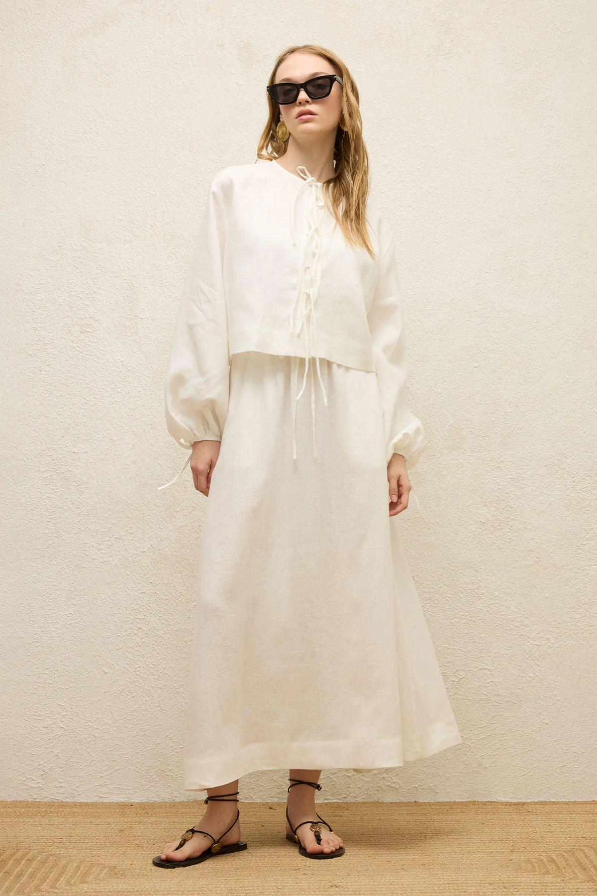 Linen Lace-Up Blouse Ecru - Image 2
