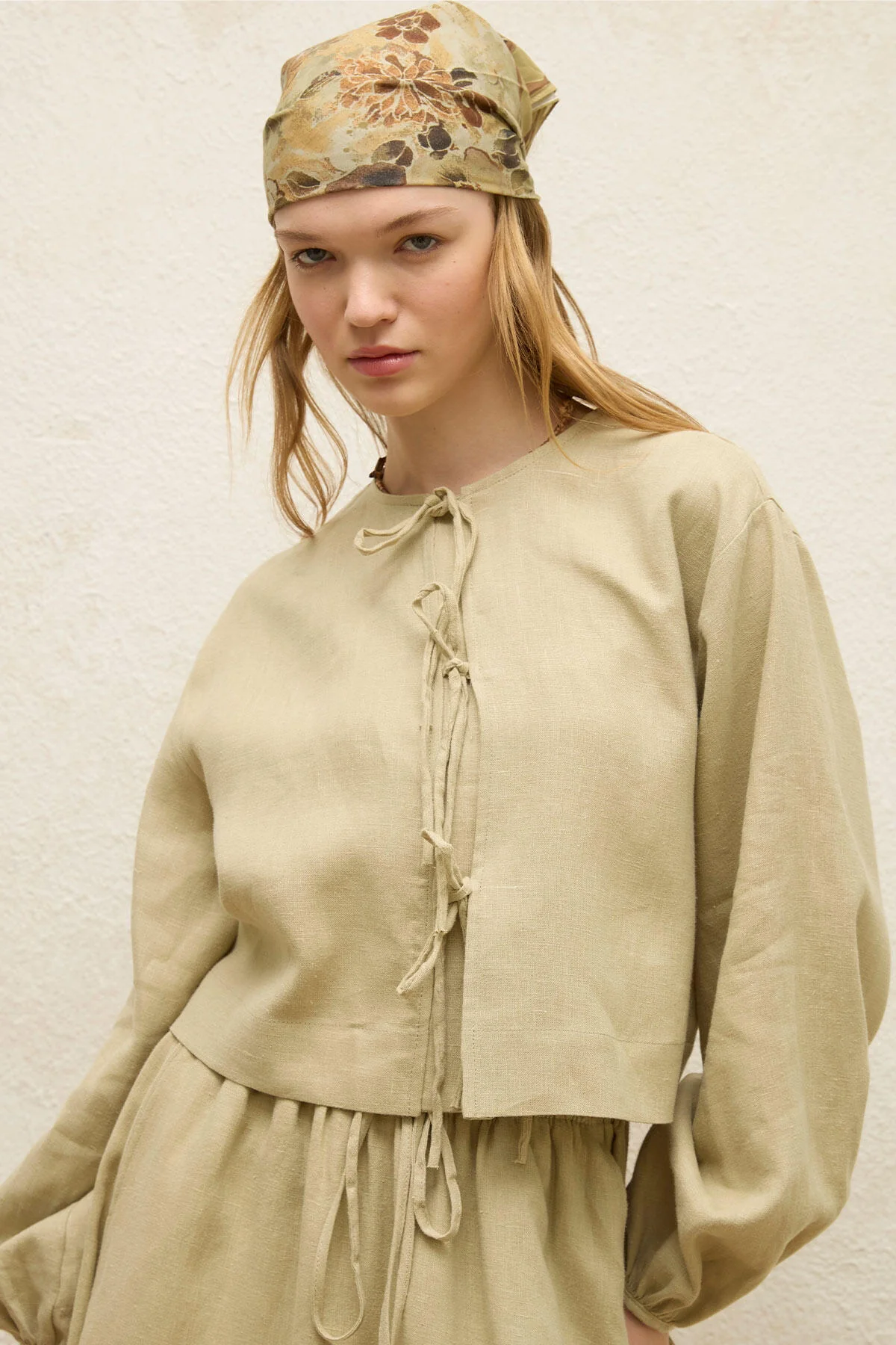 Linen Lace-Up Blouse Sage Green - Image 9